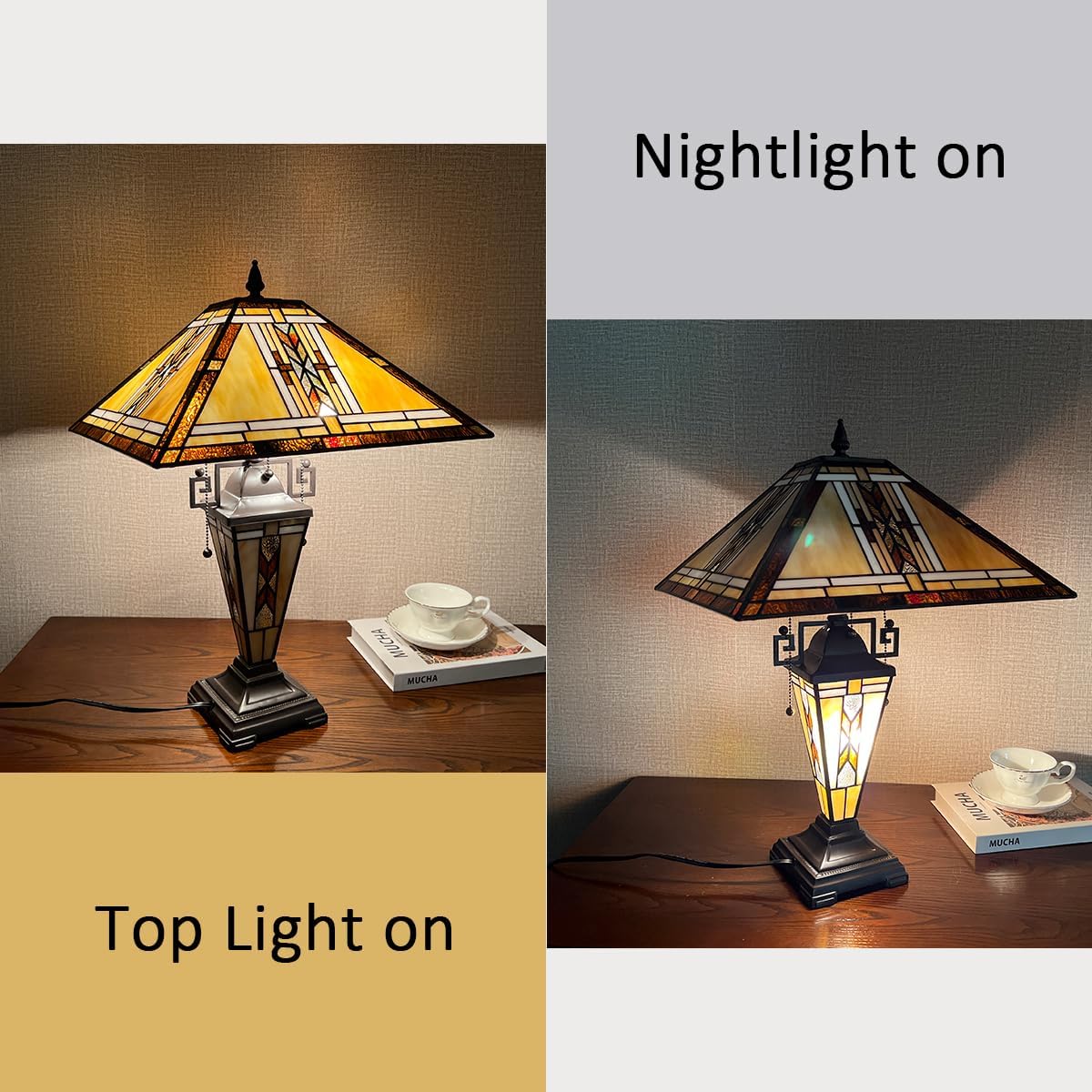 Tiffany Table Lamps with Nightlight,16" Wide Handmade Stained Glass Desk Lamp for Reading,3-Lights Mission Style Antique Nightstand Light for Living Room Bedroom Office