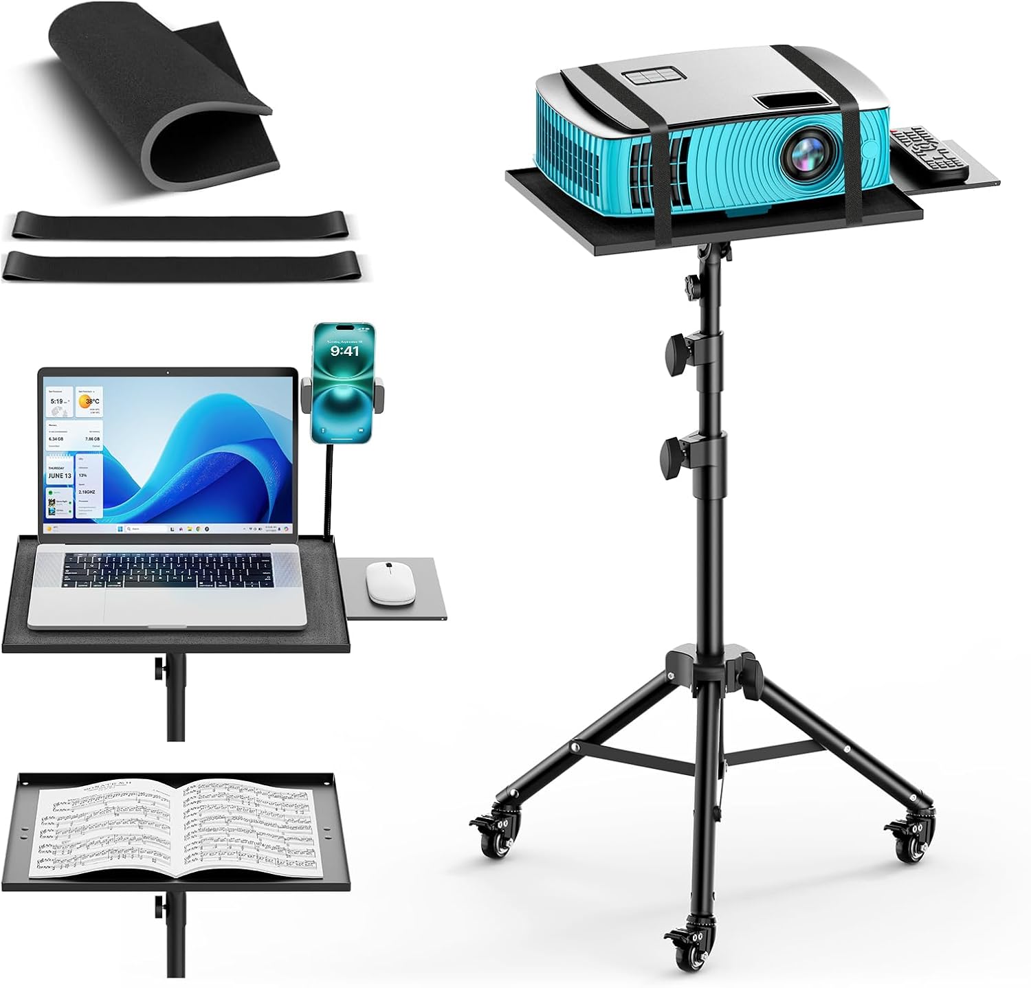 Projector Stand with Wheels, Laptop Tripod from 29" to 69" with Mouse Tray, Adjustable Height DJ Racks Stands with Gooseneck Phone Holder, for Office, Home, Stage, Studio, 1 Pack Black