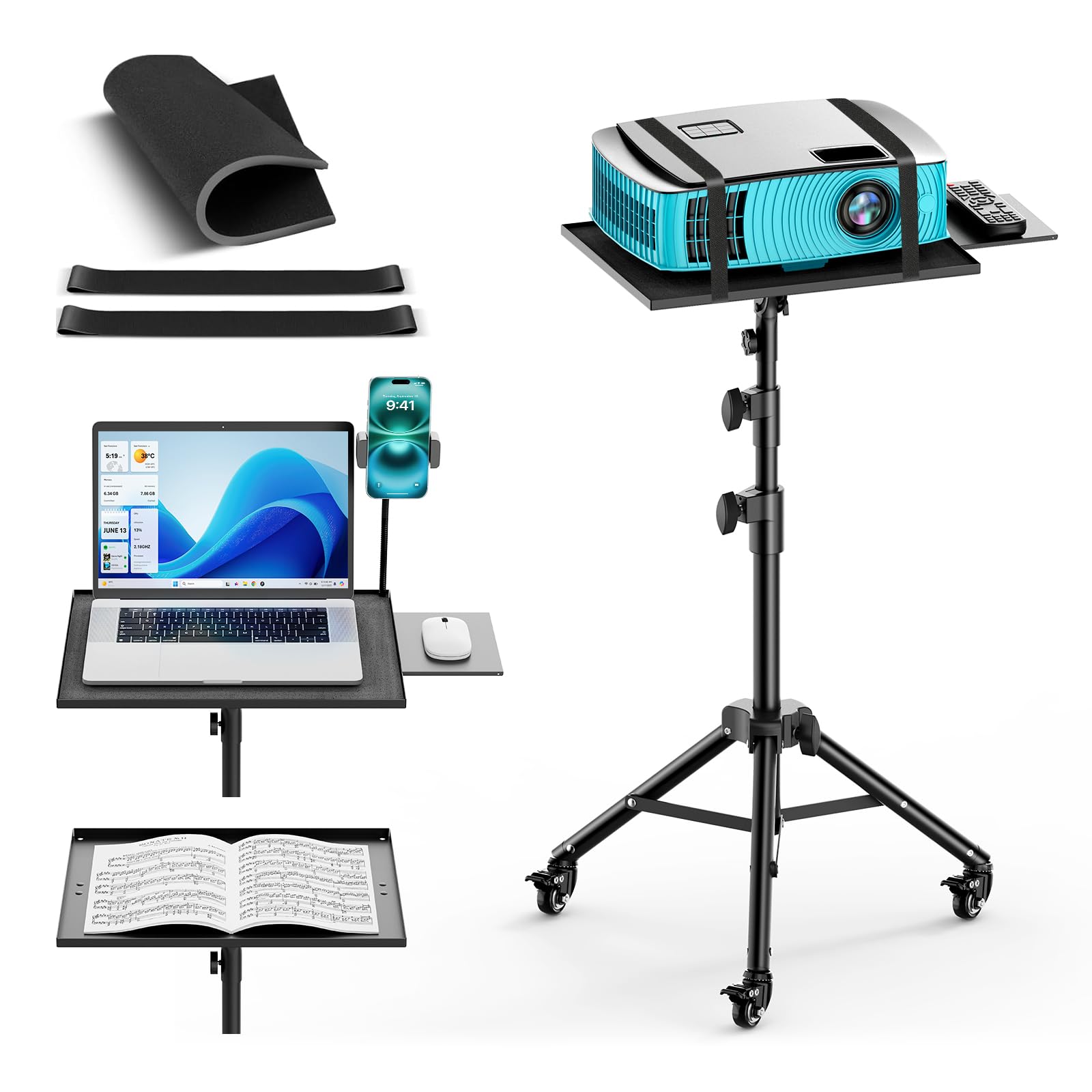 Projector Stand with Wheels, Laptop Tripod from 29" to 69" with Mouse Tray, Adjustable Height DJ Racks Stands with Gooseneck Phone Holder, for Office, Home, Stage, Studio, 1 Pack Black
