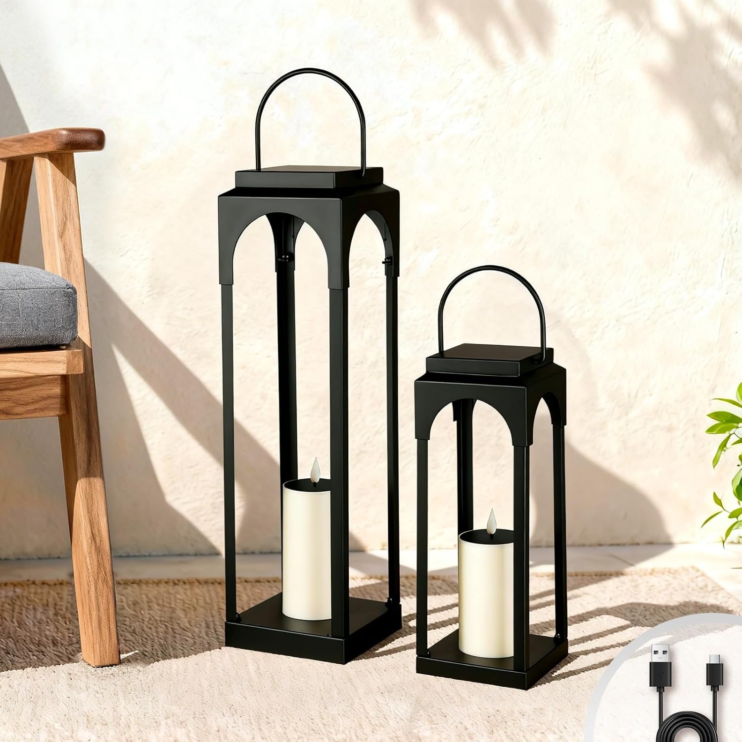 Giant Photo voltaic Outside Lanterns, 26″ 18″ Tall Farmhouse Black Metallic Waterproof Ornamental Lanterns with Photo voltaic Candles for Entrance Porch, Patio, Christmas, Fall Decor- Set of two
