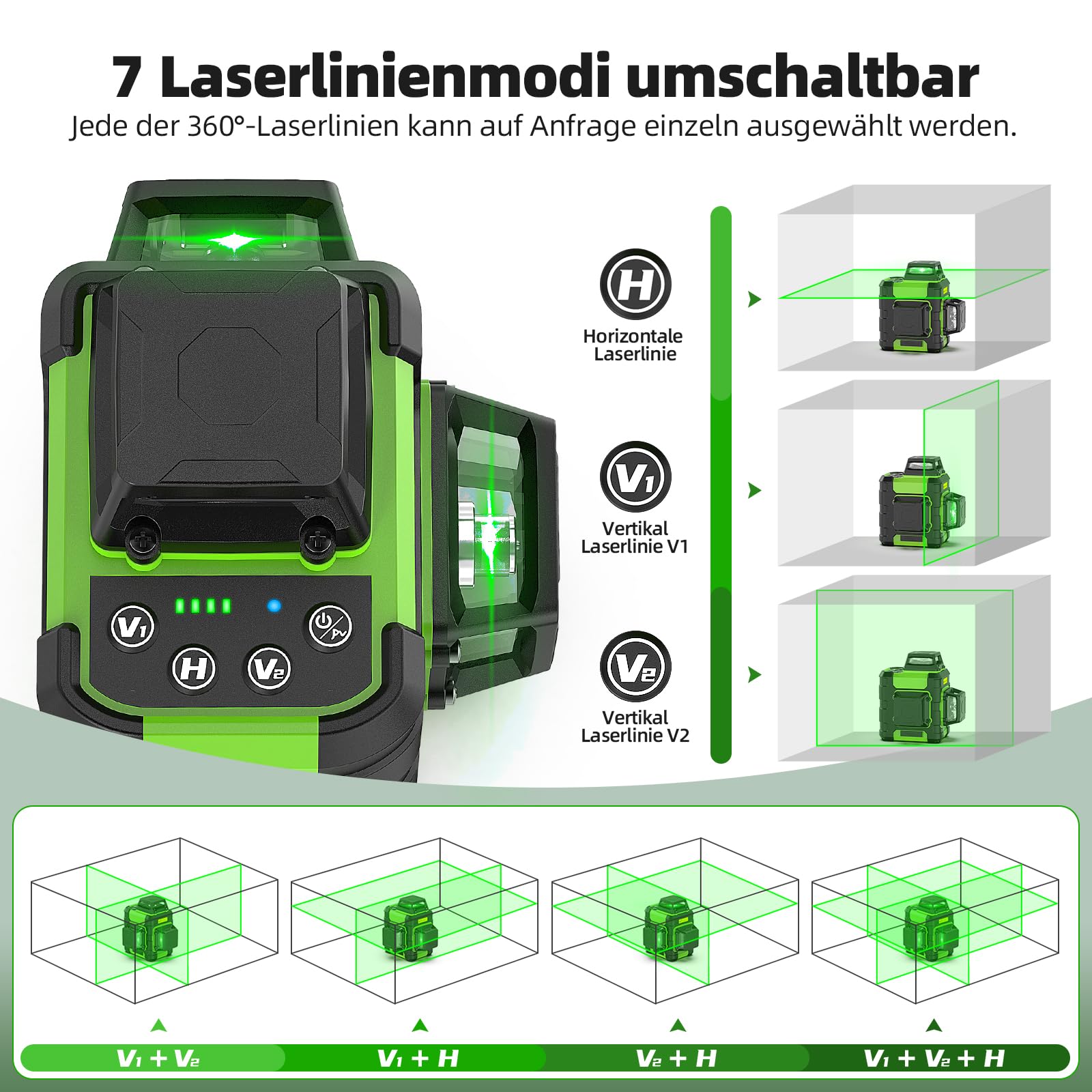 Huepar Kreuzlinienlaser 360 grün, selbstnivellierend, wiederaufladbar, Laser Wasserwaage 3x360°, 3D-Nivelliergerät für Bauarbeiten, mit starker Magnethalterung und robustem Transportkoffer – HM03CG