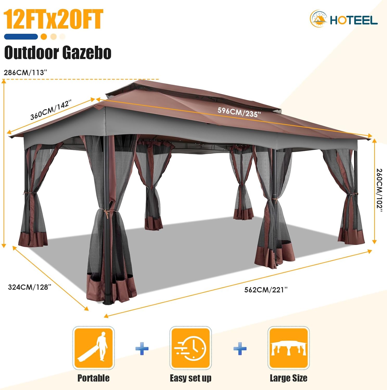 HOTEEL 12x20ft Gazebo on Clearance, Outdoor Gazebo Tent with Mosquito Netting and Ventilated Double Flat Roof, Easy Set up Canopy Tent with Stable Metal Frame for Patio, Brown(Upgraded 3.0)