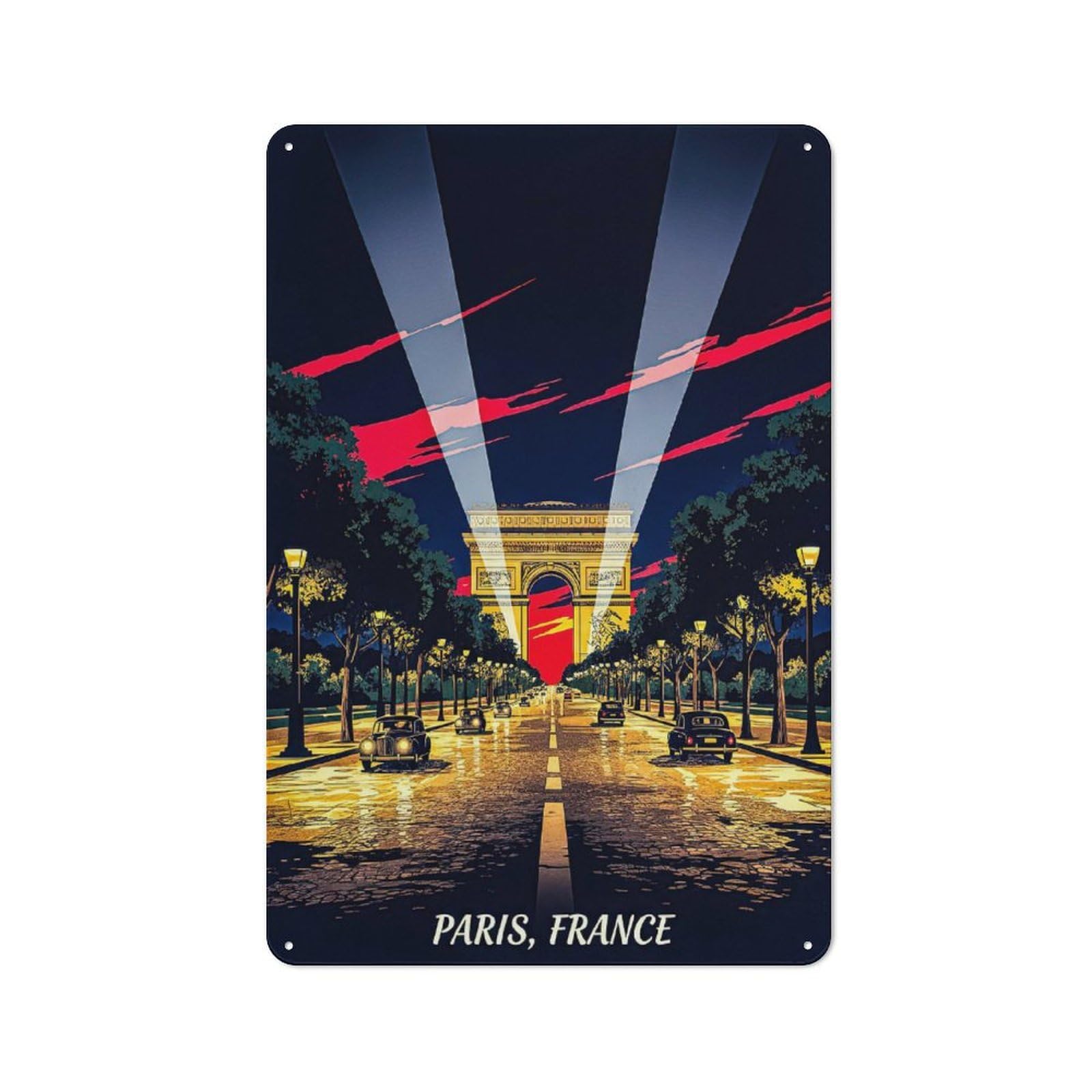 Junmoney Style-12 Tin Wall Plaque 30X20cm With Arc De Triomphe At Night For Guest Room Or Hallway, For Updating Guest Room And Hallway After Moving