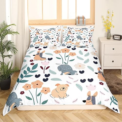 Miniatura 2 de Feelyou Funda de edredón de perro de dibujos animados, juego de ropa de cama para niños y niñas, perros y flores, funda de edredón de plantas