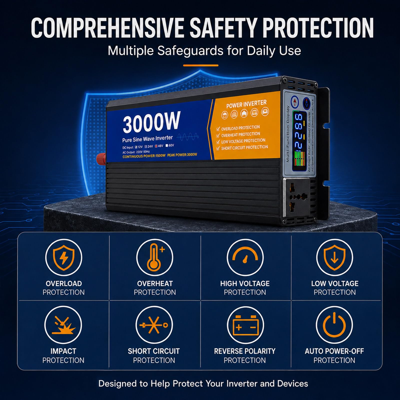 Przetwornica napięcia 12V do 110V/220V, 3000W, czysta fala sinusoidalna 12V-220V