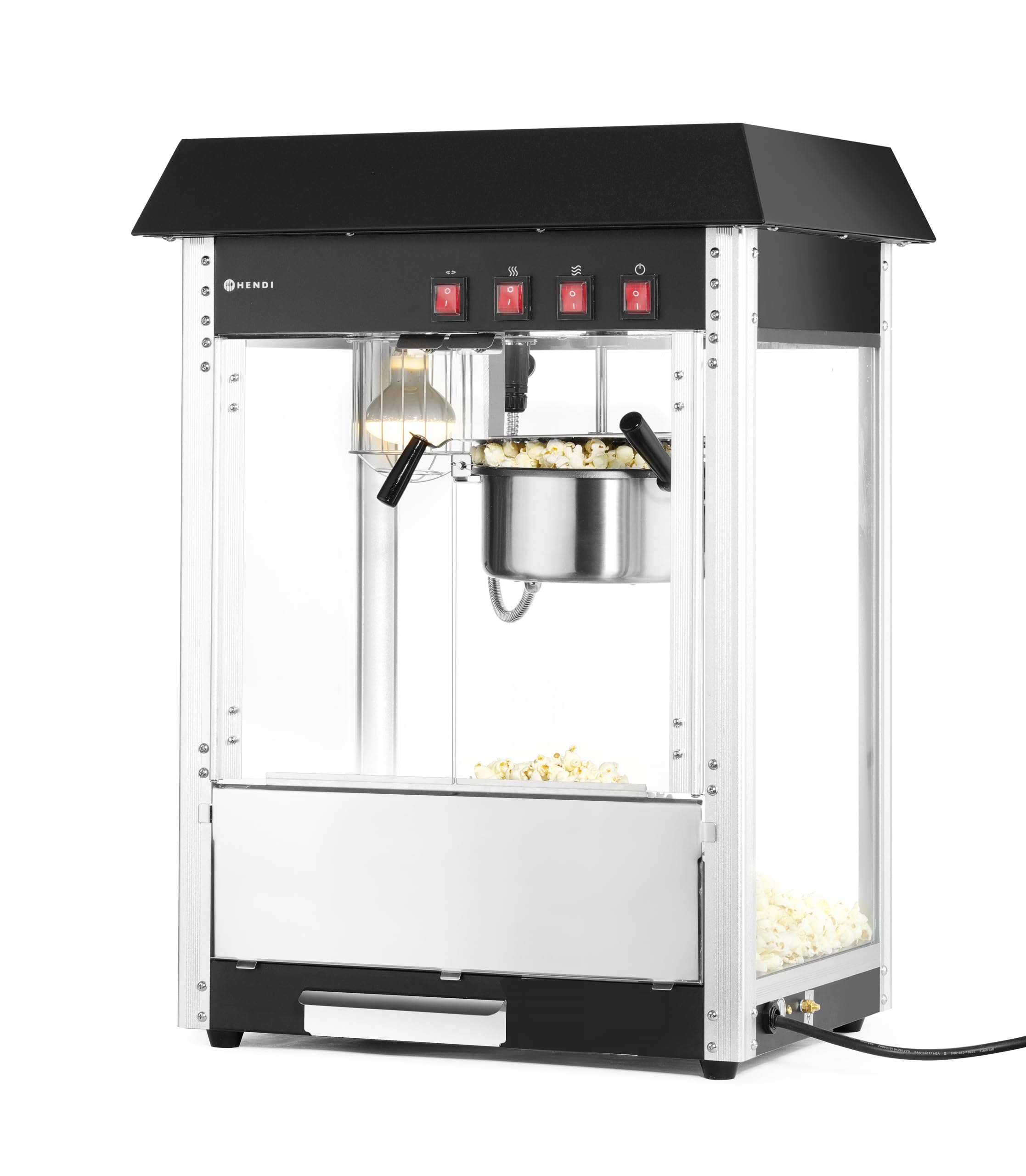 HENDI Popcornmaschine, mit Schaufel, Heizpfanne mit Rührwerk, beleuchteter Innenraum, Popcorn Maker, Warmhaltevitrine, 230V/1155W, 560x420x(H)760mm, Edelstahl, Aluminium, Glas, schwarz
