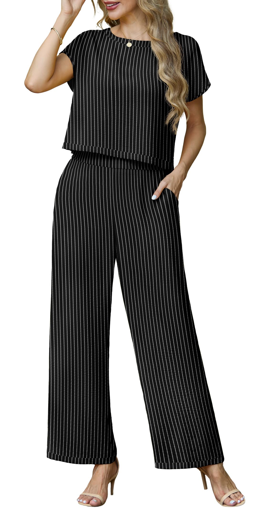 Lepunuo 2 Piece Sets for Women Summer Cap Sleeve Crop Top Wide Leg Pants Matching Lounge Set Vacation Beach Travel Outfits