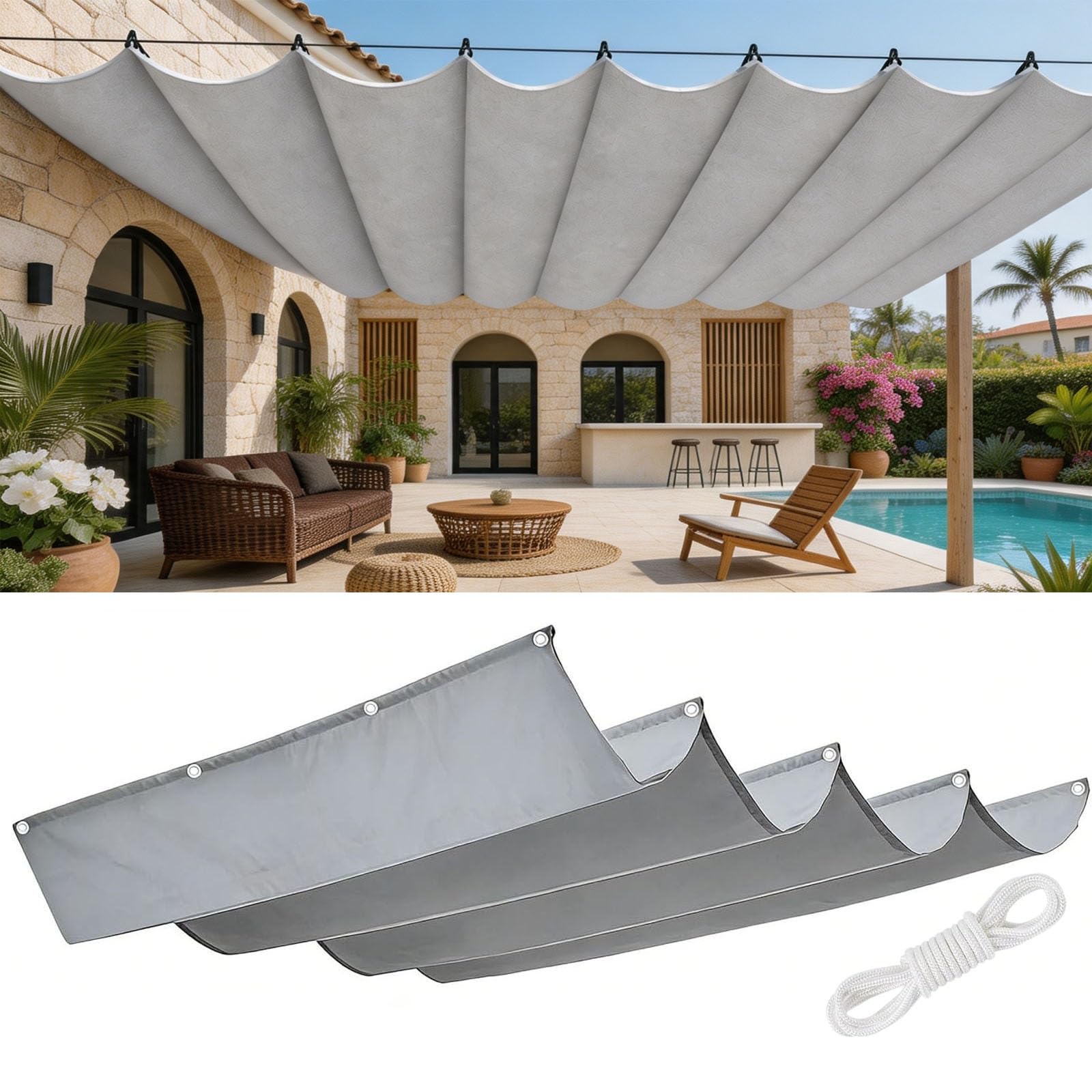 Voile-D'Ombrage Rétractable Vague 1.2 x 4.7 m Protection UV 98% PES Résistant à l'eau Durable Résistant et Respirant Toile Ombrage Imperméable pour Patio Jardin Terrasse, Gris Clair