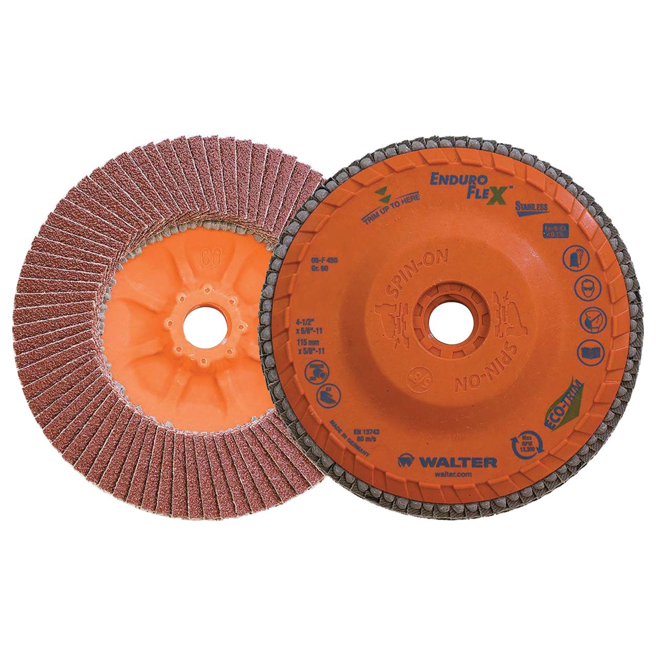 Walter 06F456 4-1/2x5/8-11 Enduro-Flex Stainless Spin-On Flap Discs with Eco-Trim Backing 60 Grit Type 27S, 10 Pack