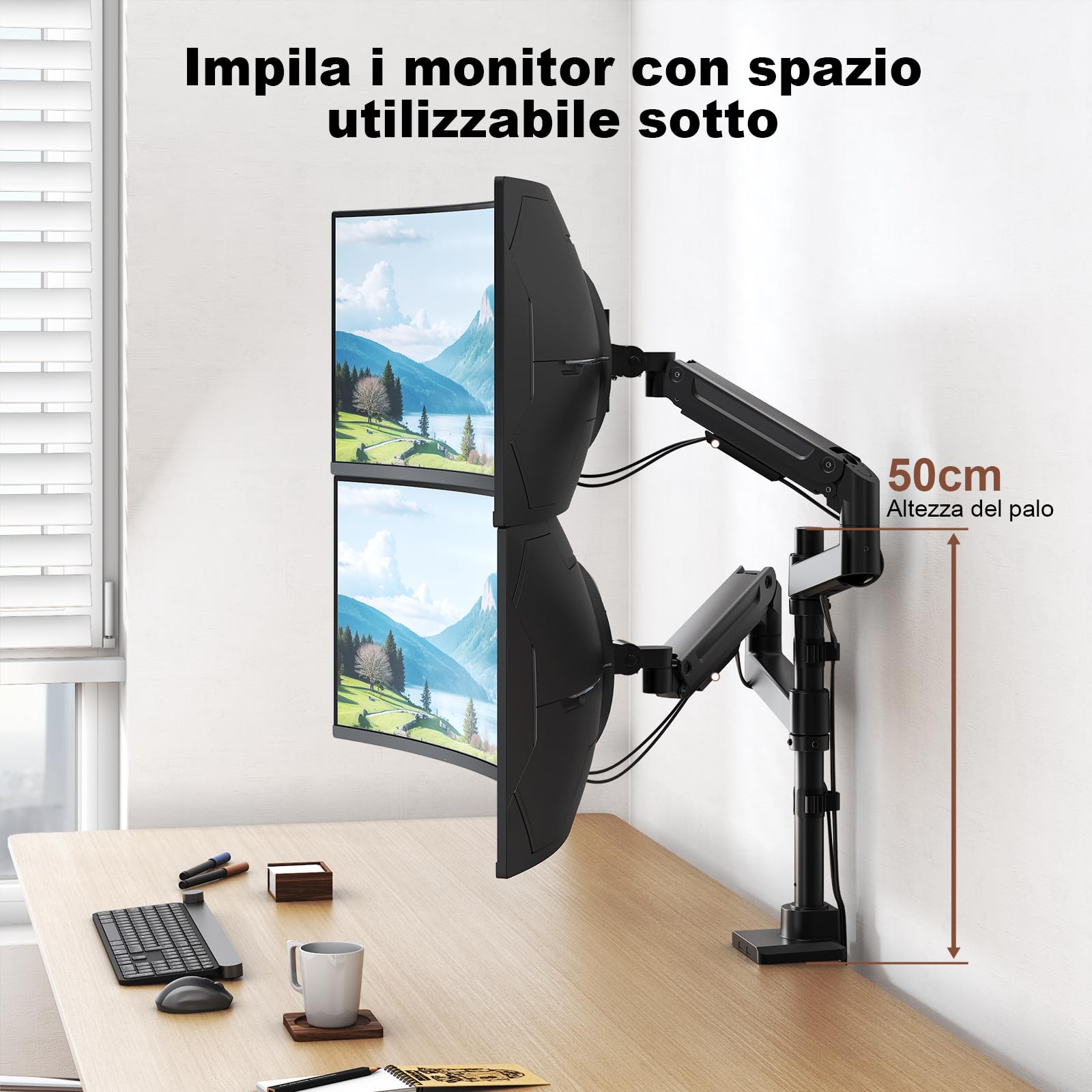 Supporto per Monitor PUTORSEN per 2 Schermi da 17 a 49 Pollici - Fino a 20 kg per braccio, supporto extra-lungo regolabile in altezza e orientabile per un'ergonomia ottimale, VESA 75/100 mm.