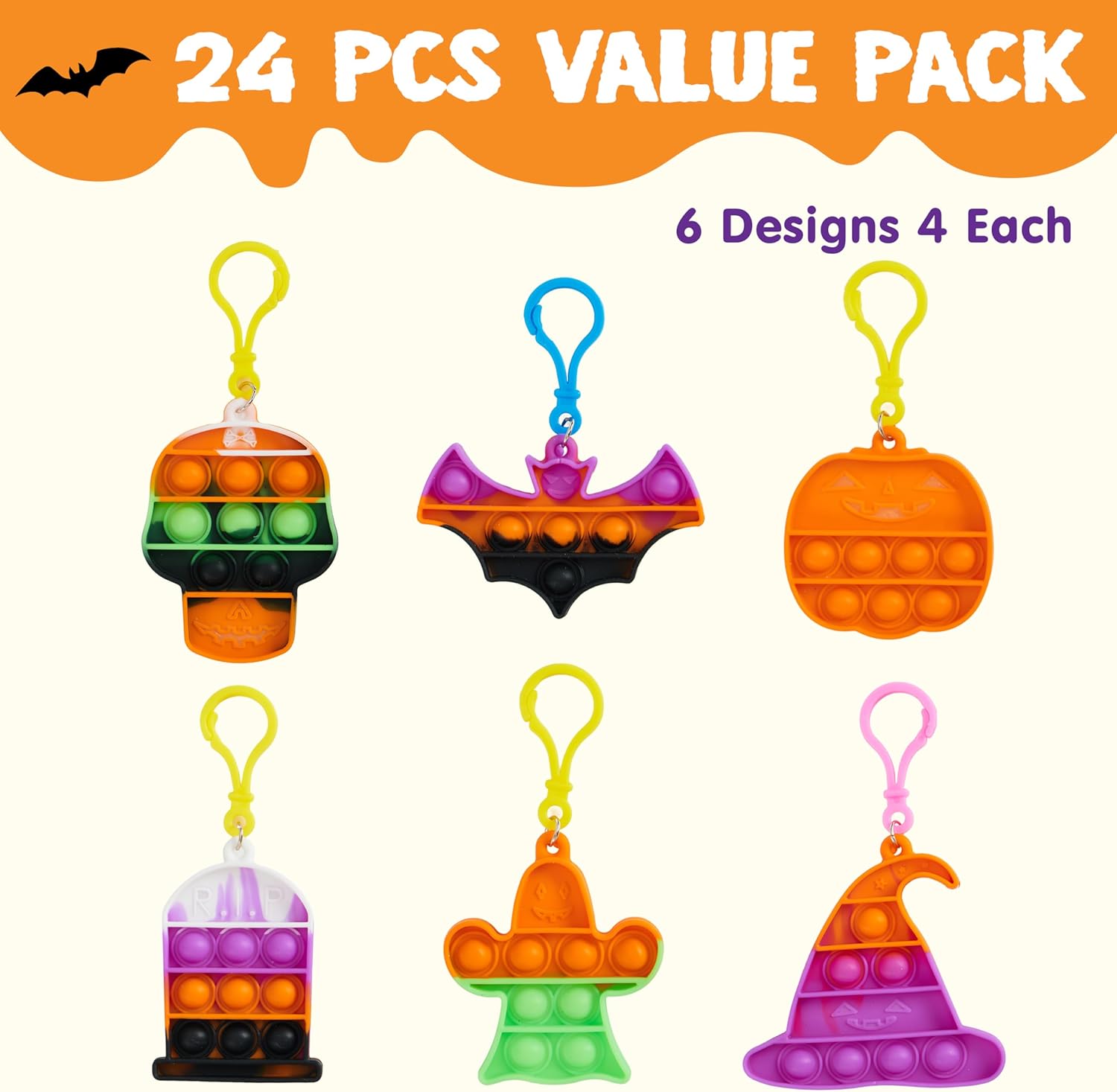 JOYIN 24 PCS Halloween Pop Bubbles Fidget Toys Keychain, Mini Pop Keychain Stress Relief Toys for Halloween Party Favor Goodie Bag Fillers, School Classroom Game Prizes