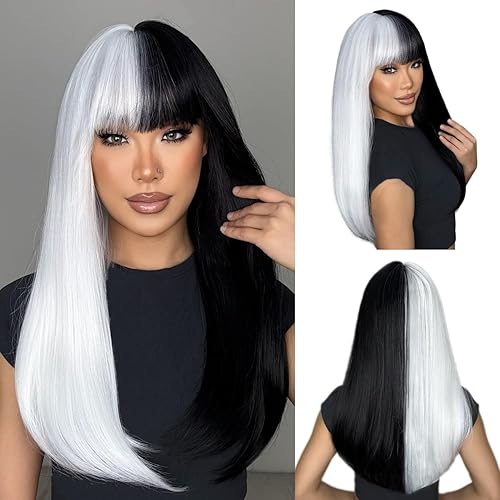 ENTRANCED STYLES Half Black White Wig for Women Long Straight Lolita Wigs with Bangs Synthetic Cospaly Hair for Party Halloween 22inch