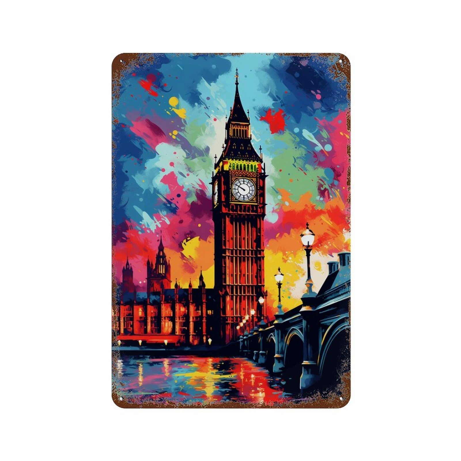 Colorful London Skyline Distressed Metal Wall Sign 11.8"x7.9", Shabby Chic Decor for Garage, Pub Or Kitchen