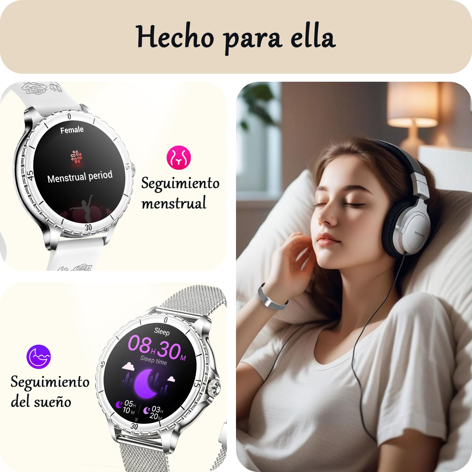 Reloj Inteligente Mujer con Llamadas, 1.27” HD Smartwatch Redondo | 120+ Modos Deportivos, Pulsómetro, SpO2, Monitor de Sueño, Rastreador de Actividad, IP68, Android iOS, 2 Correas, Plata