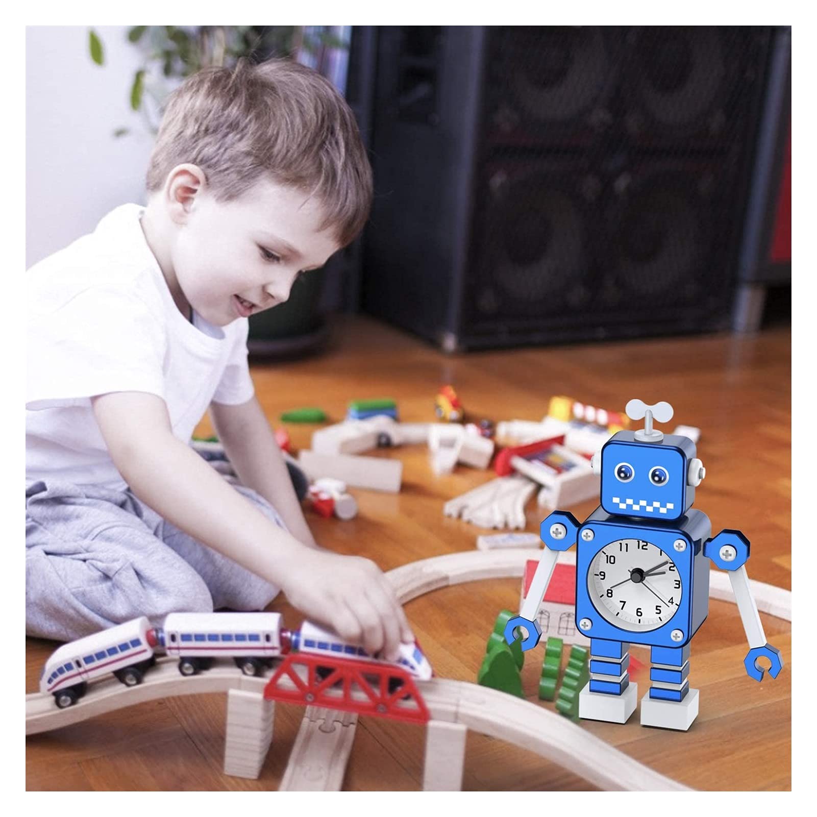 Budzik dla dzieci, robot budzik dzieci analogowy budzik bez tyknięcia cichego budzika dla chłopców dziewcząt, najlepszy prezent (niebieski) (Color : Blue)
