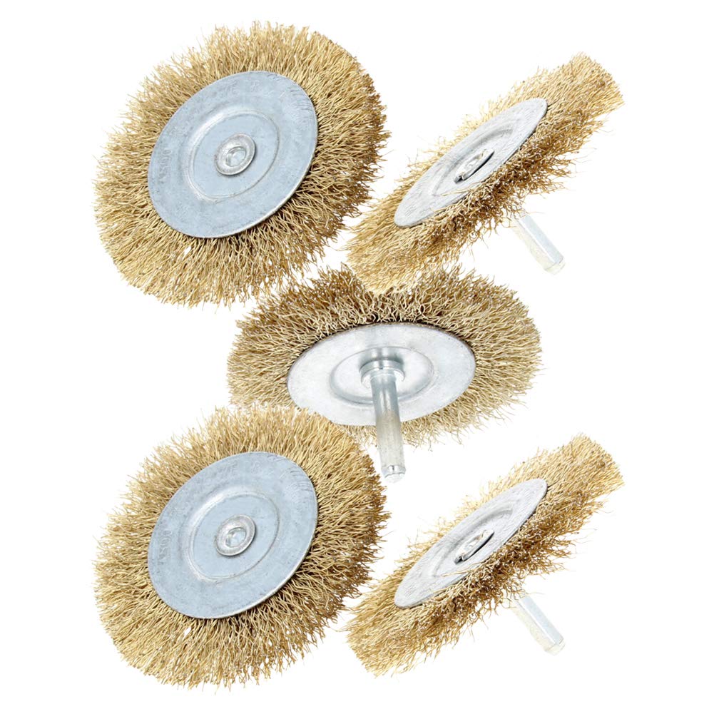 Utoolmart Wire Wheel Brush, with 1/4-inch Shank Steel Wire Brush, Wire Brush for Drill, 75mm Wire Brush, Copper-Plated Yellow Steel Wire, for Removing Rust Polishing Metals, 5 Pcs