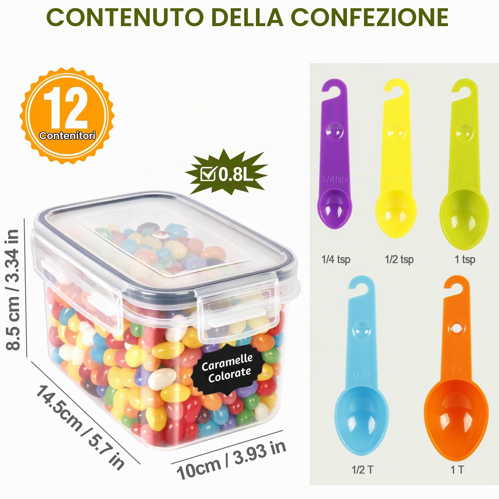 Cinnani 0.8L Contenitori Ermetici per Alimenti 12 Pezzi, Contenitori Plastica Cucina Organizer con Coperchio, Senza BPA Organizer Cucina per la Conservazione di Pasta, Cereali, Muesli, Farina
