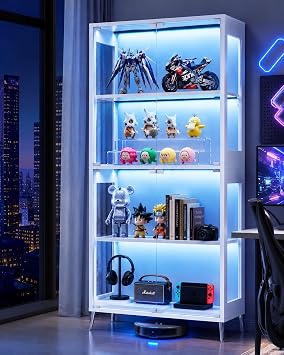 Display Cabinet with Glass Doors, 4-Tier Curio Cabinet, Adjustable Shelves, 60,000 Color Lights for Collectibles, Glass Display Case with App & Remote Control, Bookcase, Storage Cabinet, White