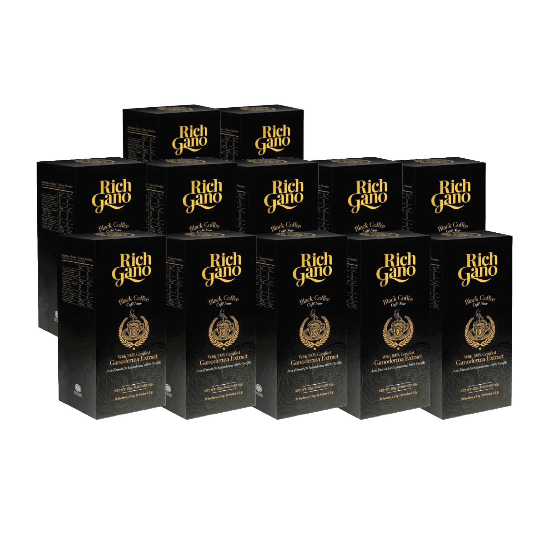 Rich Gano Reishi Mushroom Coffee – (12 Boxes of 30 Sachets) Black Coffee with Ganoderma Extract – All Natural Vegan Friendly Instant Coffee Packets – Zero Jitters Energize Ganoderma