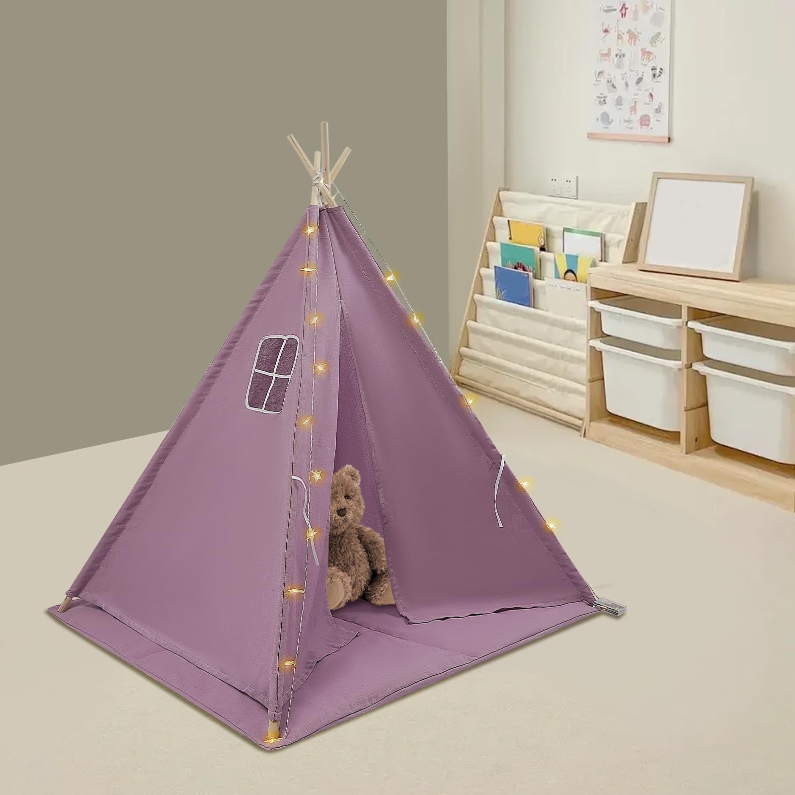 Tenda per Bambini 120x120x140cm con Luce, Tipi per Ragazza 1,6m in Cotone Lino per Camera, Giardino, Spiaggia, Casetta da Gioco per Interno ed Esterno con Tappeto, Ghirlanda 3m
