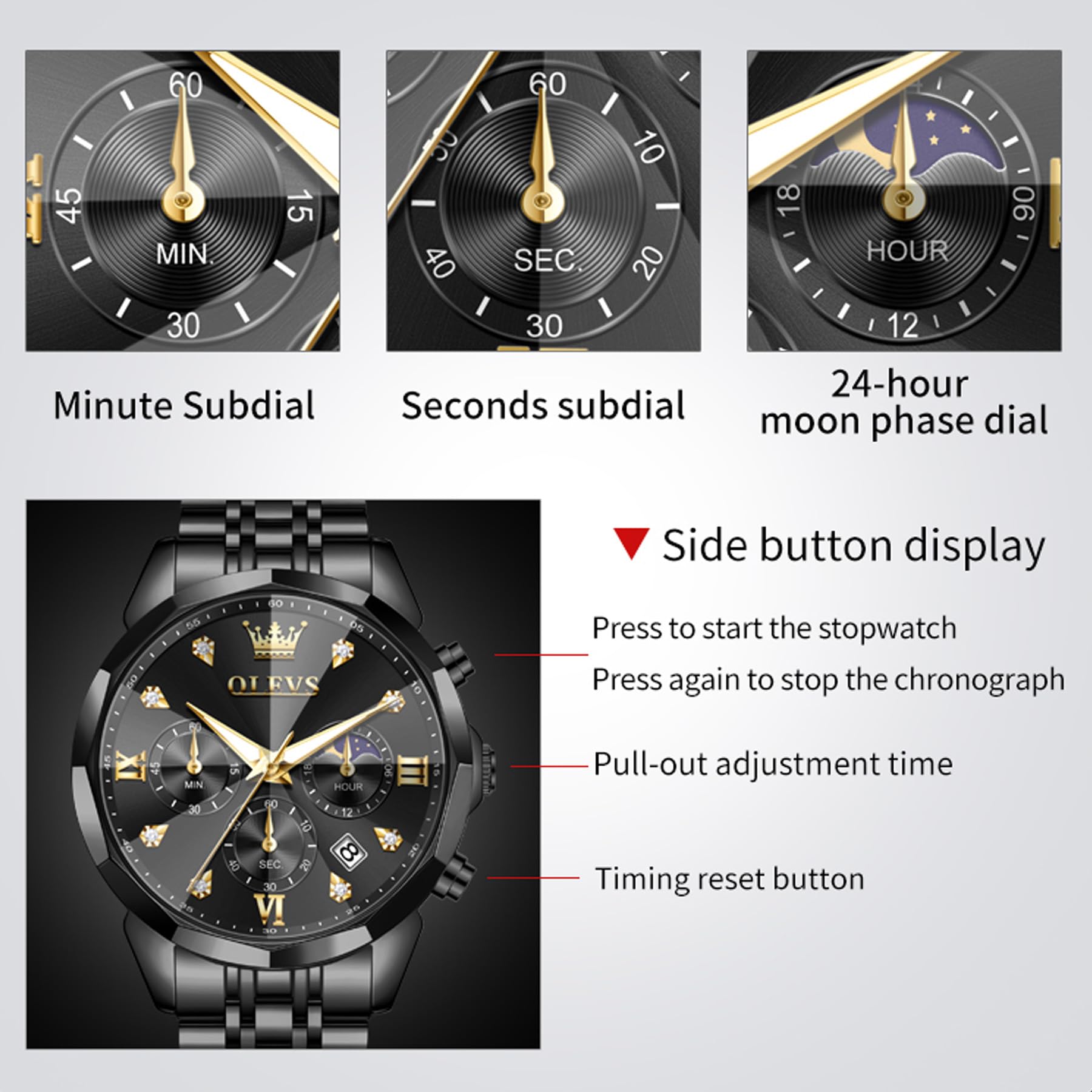 OLEVS Orologio da uomo, cronografo multifunzione con 4 contatori, lancette luminose, data, impermeabile fino a 3 ATM, cinturino in acciaio inossidabile, orologio da uomo al quarzo da uomo, H3670