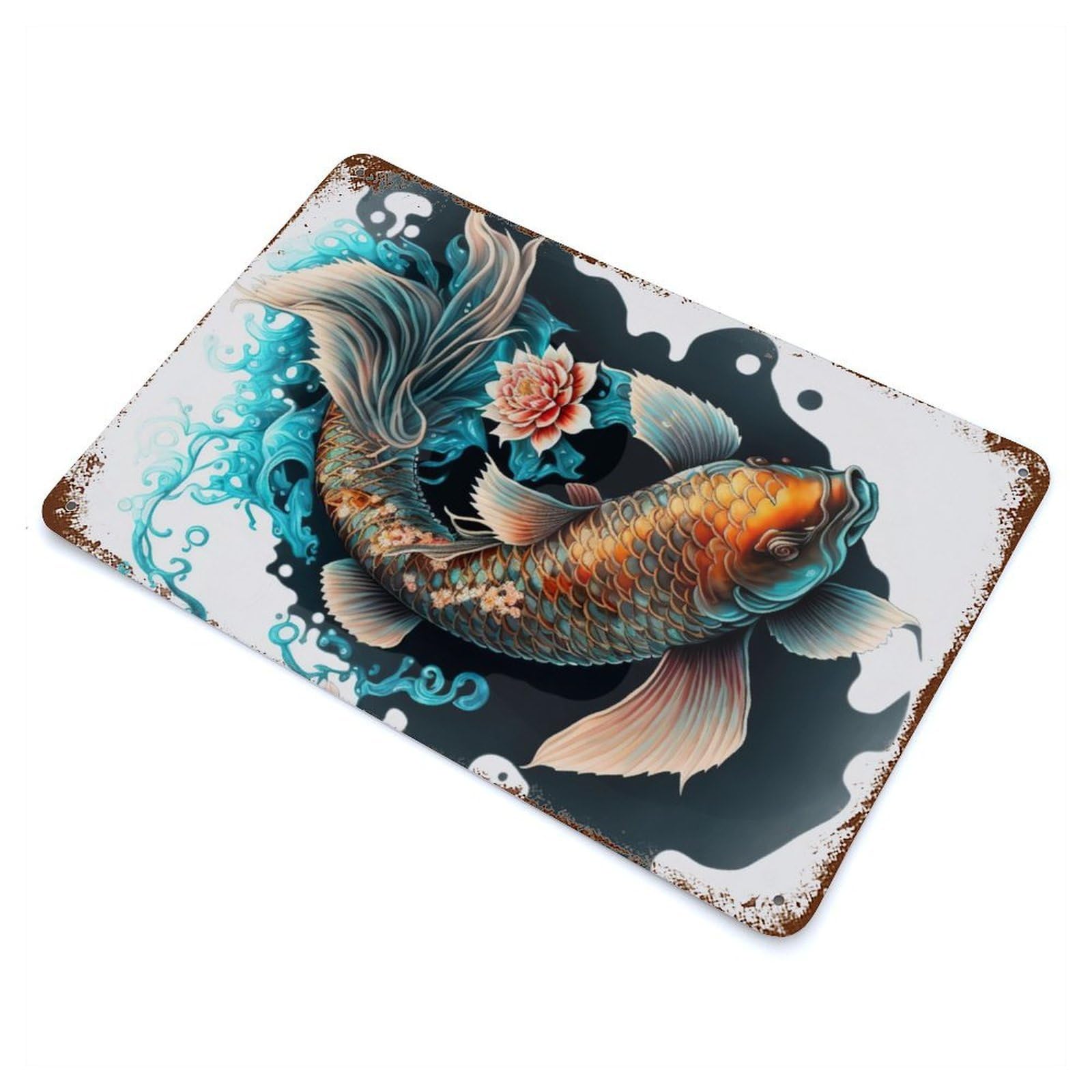 Rust Effect Japanese Koi Fish Decorative Tin Sign 11.8"x7.9", Farmhouse Wall Decor for Patio, Garden Room And Bar Decor
