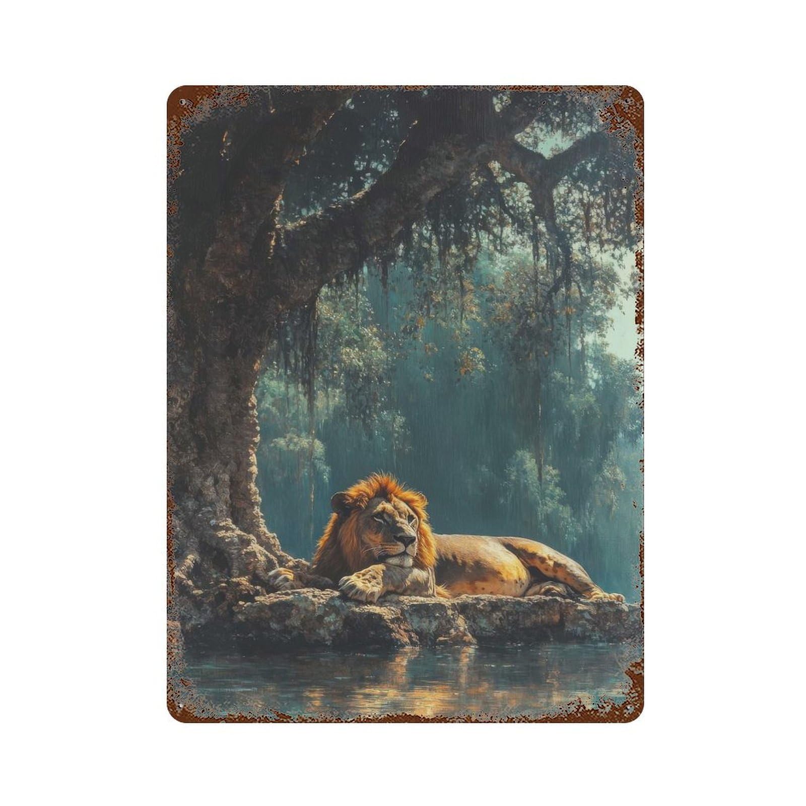 Vintage Rust Metal Sign with Lion Resting by Water Design 15.7"x11.8", for Shed, Workshop And Garage Wall Decor, Classic Wall Plaque