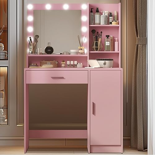 Miniatura 8 de Palimder Escritorio de tocador con espejo y luz, cajón grande y cómoda de almacenamiento de tres niveles, 3 modos de iluminación de brillo