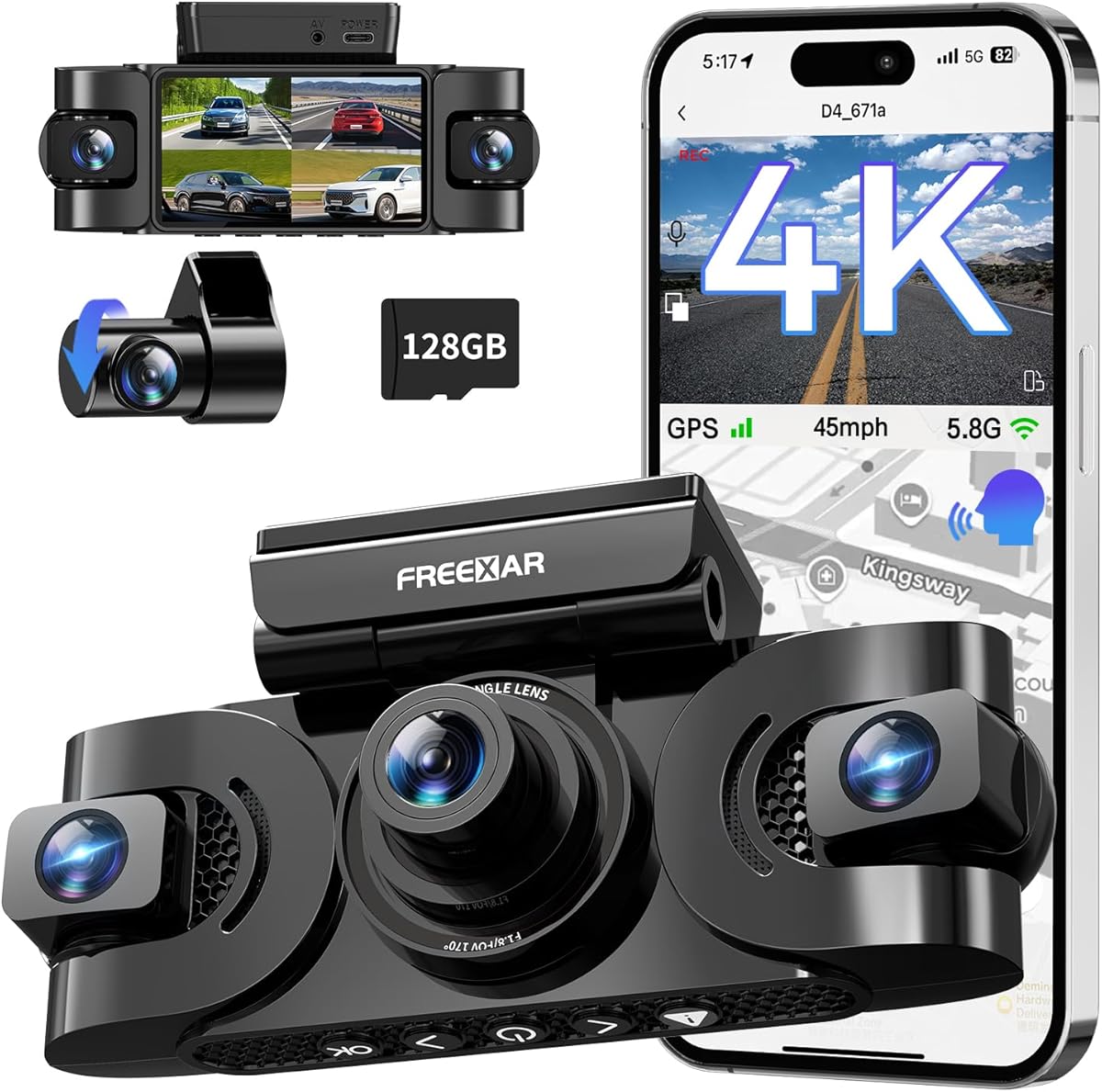 FREEXAR 4K 360° Dash Cam, 4-Channel Dash Camera for Cars, Full Coverage Front Rear Left Right Inside with GPS, 5.8GHz Wi-Fi & App, Night Vision, Voice Control, 24H Parking Mode, 128GB Card Included : Electronics