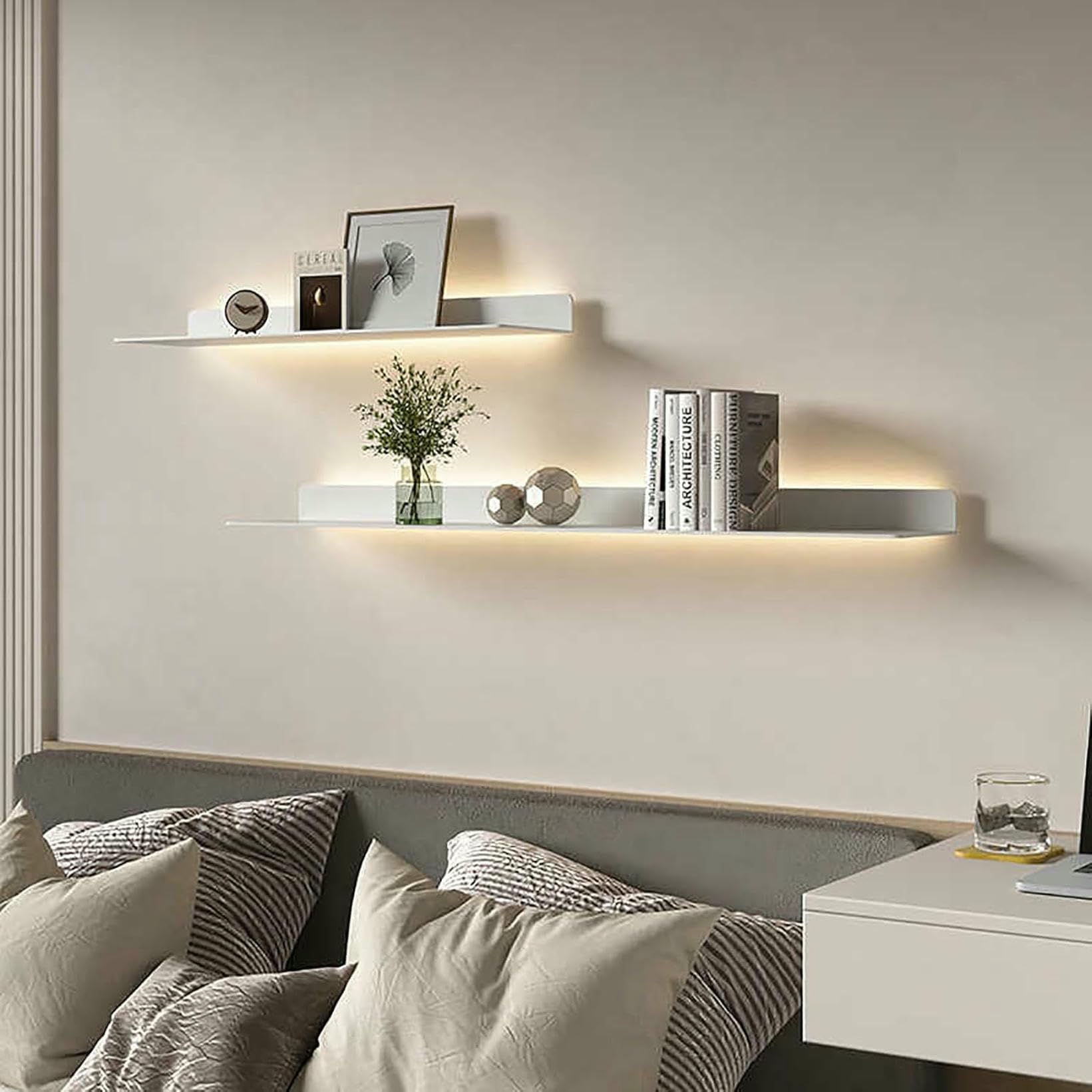 CWCQGH Metal Floating Shelves with LED Lights - Wall Mounted Display Rack for Living Room, Kitchen, and Bathroom, Built-in Illuminated Shelf,White-80cm/31.5"