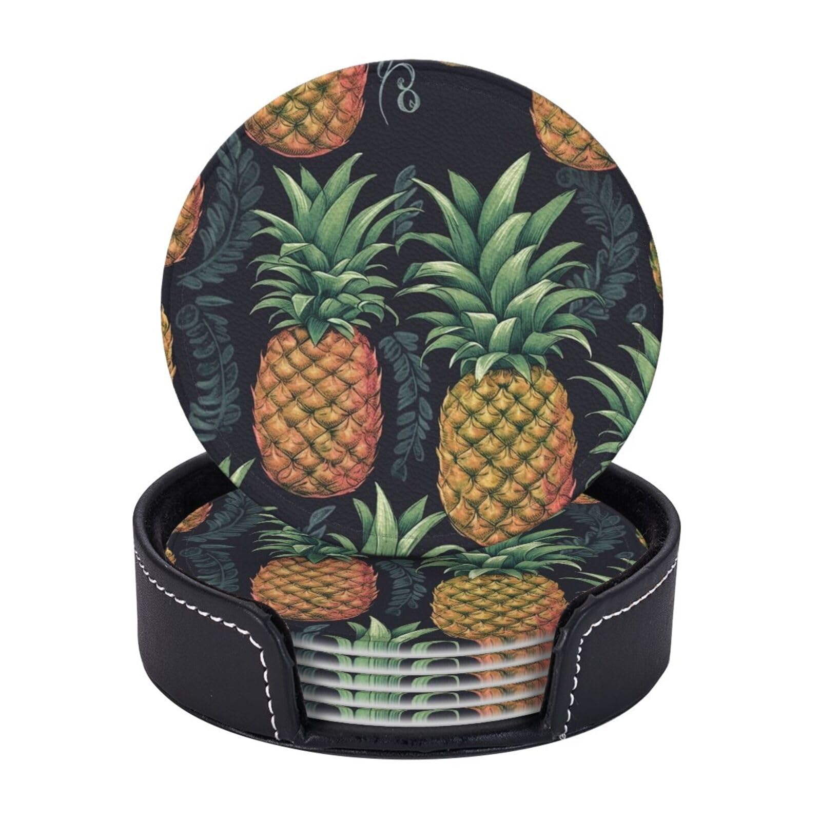 6PCS Drink Coasters with Holder, 4" Leather Coasters for Drinks, Pineapple Cup Coasters for Coffee Table Decor, Non-Slip Drinking Cup Mat for Hot or Cold Drink
