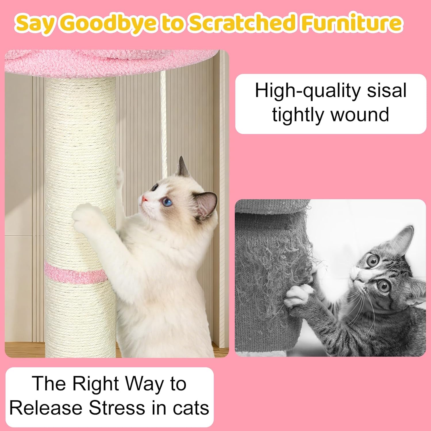 Tall Cat Scratching Post for Indoor Cats Adults, Cat Scratch Post with Sisal Rope Claw Scratcher, Solid Wood Cat Tower with Scratching Post and Cat Toys Mouse Hole, Flower Small Cat Tree (Pink Flower)