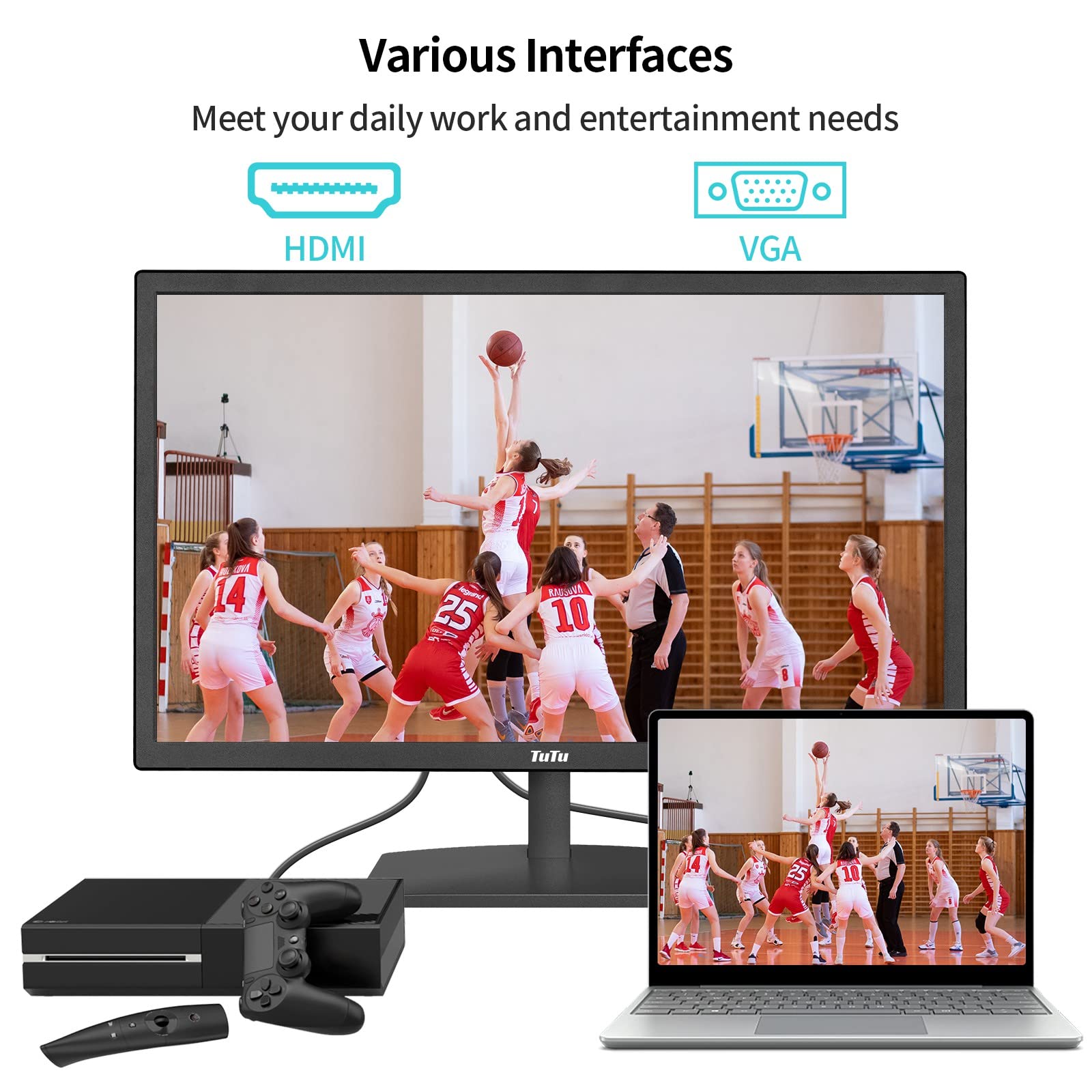 TuTu Écran PC 22 Pouces Bureautique Full HD LED 75Hz Moniteur PC VGA HDMI Écran Ordinateur de Bureau 5ms Soin des Yeux Anti-Scintillement Travail