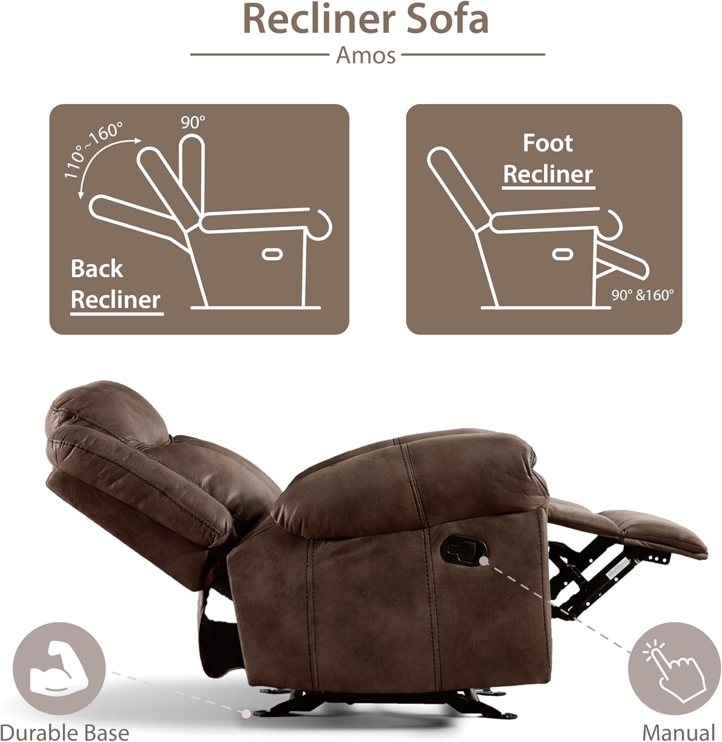24/7 Shop at Home Amos Oversized Nursery Glider Recliner Chair for Adults, Manual Comfy Reading Couch, Overstuffed Sleeper Armchair, Adjustable Comfortable Theater Seating, for Living Room, Brown