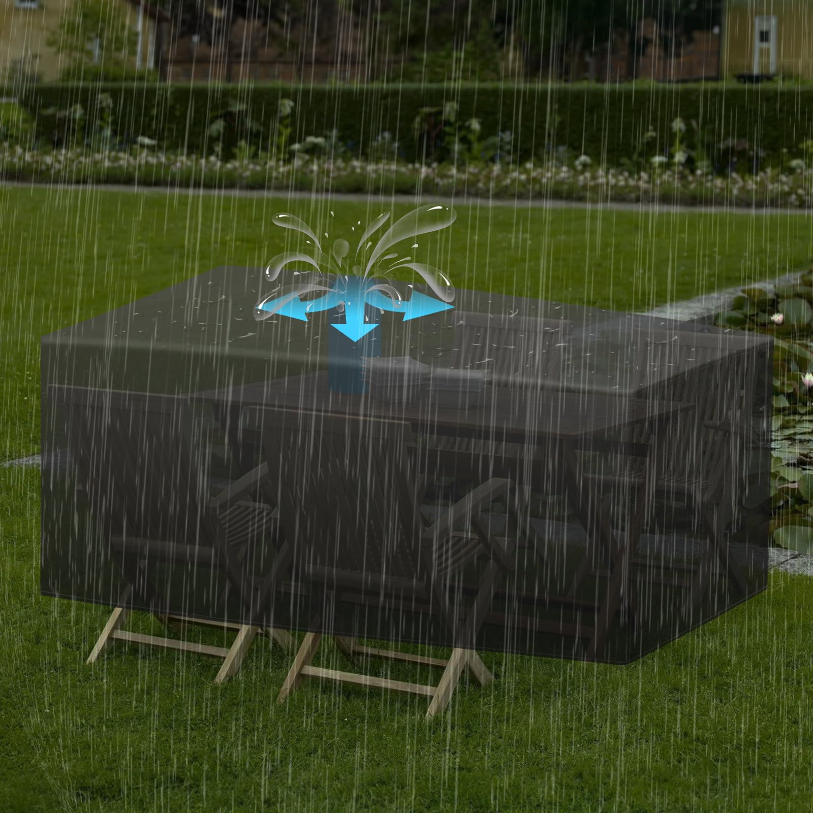 YuYo Copertura Mobili da Giardino, 420D Oxford Copertura Tavolo Esterno, Copertura per Tavolo Giardino Impermeabile Anti-UV Antipolvere Protezione Tavoli e Sedie, Copritavolo Rattan 150x90x75CM