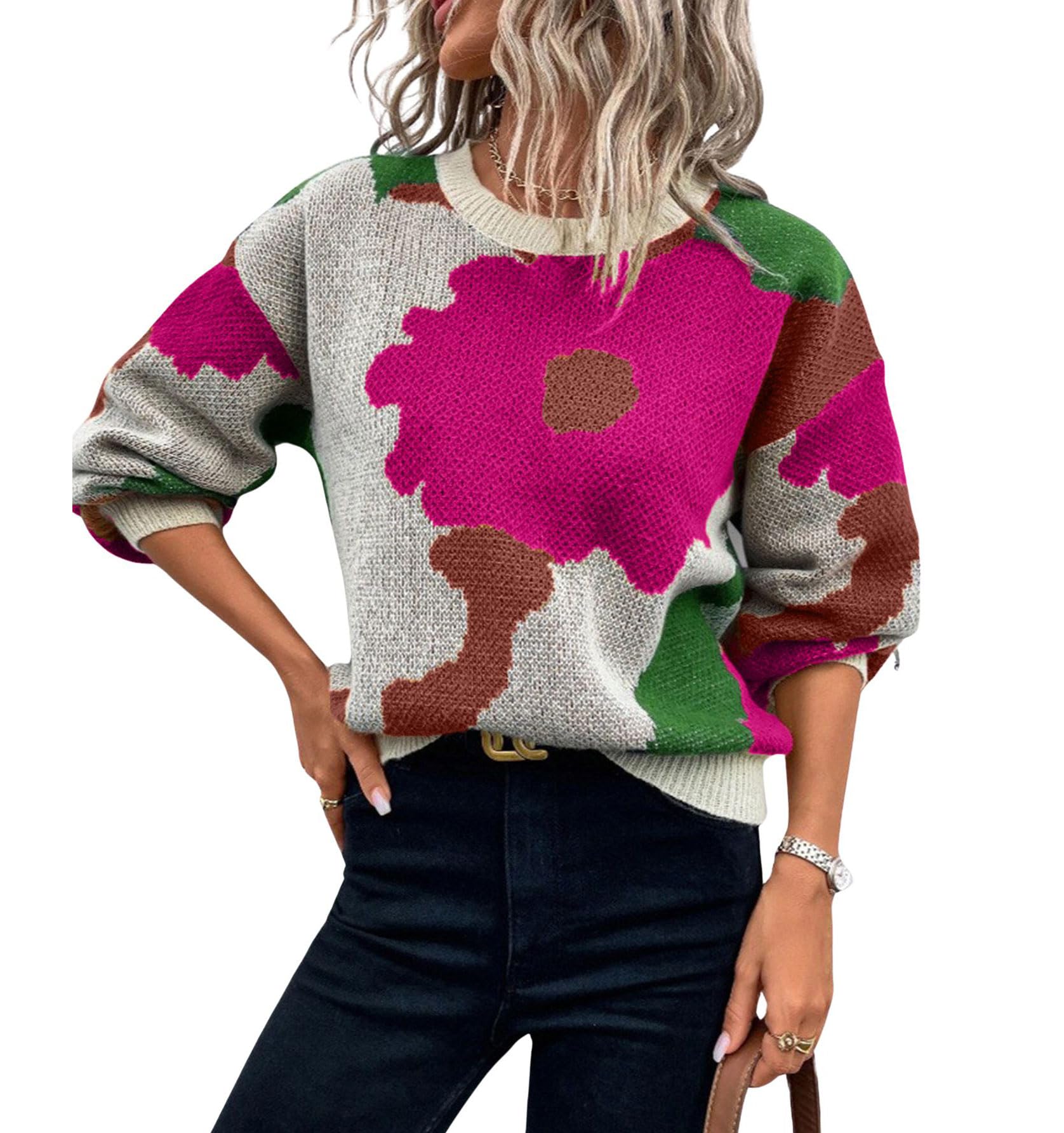 chouyatou Womens Cute Floral Printed Color Block Pullover Sweater Casual Crewneck Knit Jumper Tops