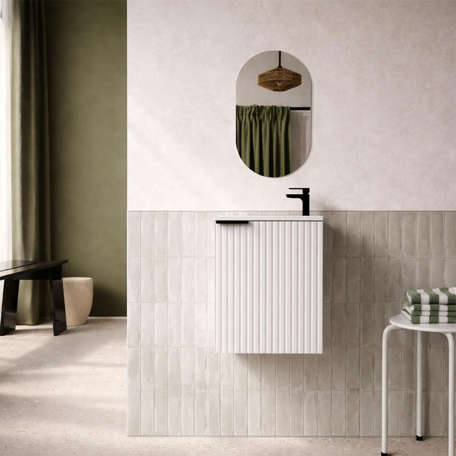 AURLANE Ensemble Meuble Lave Mains MDF ondulé Blanc 40x50x22cm et Miroir Ovale - Milo