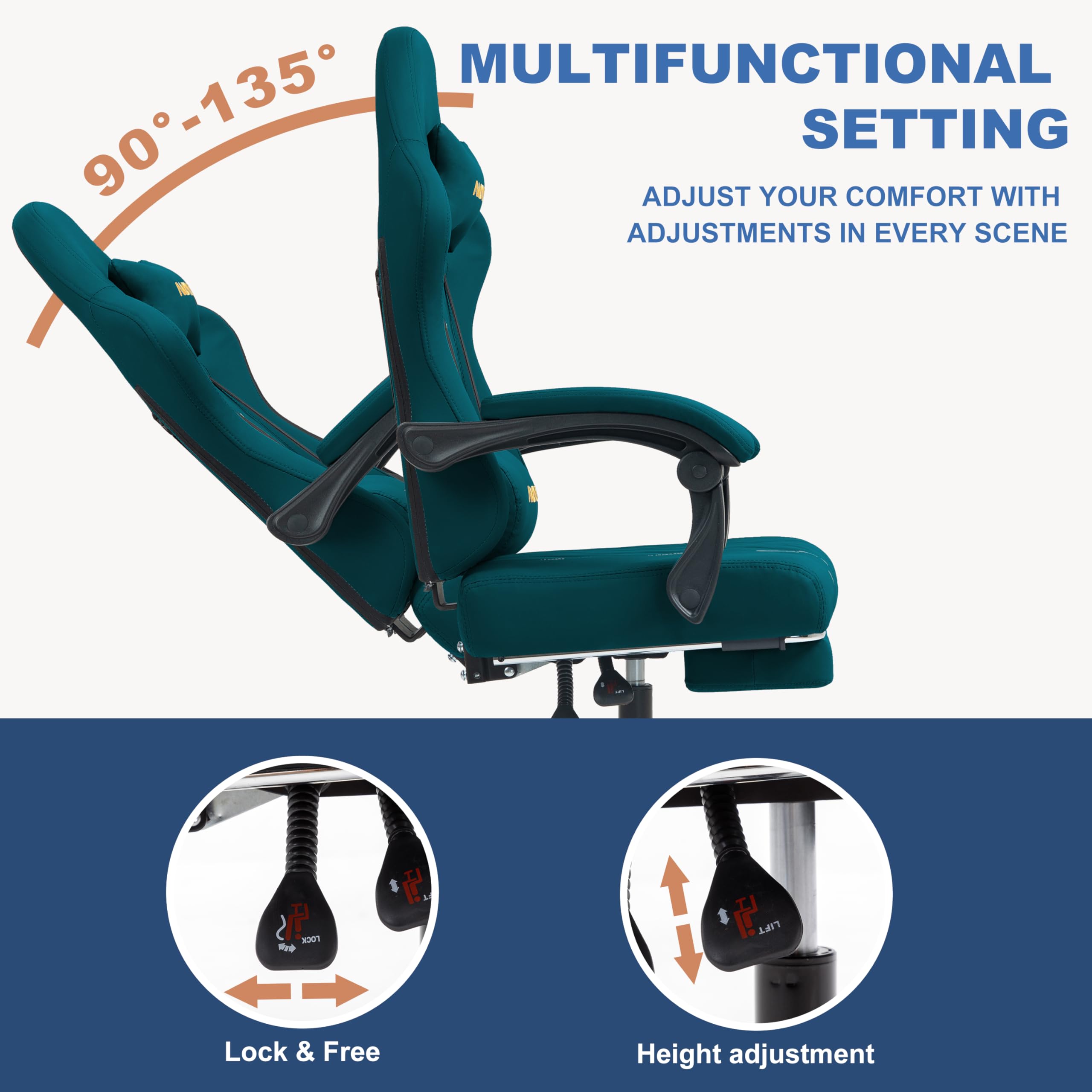 Andyou Silla Gaming Ergonómica Profesional con Soporte Lumbar - Silla Gamer para Adulto, Giratoria y Reclinable con Reposapiés Ajustable y Tela Transpirable, Soporte 150 kg para Oficina y PC