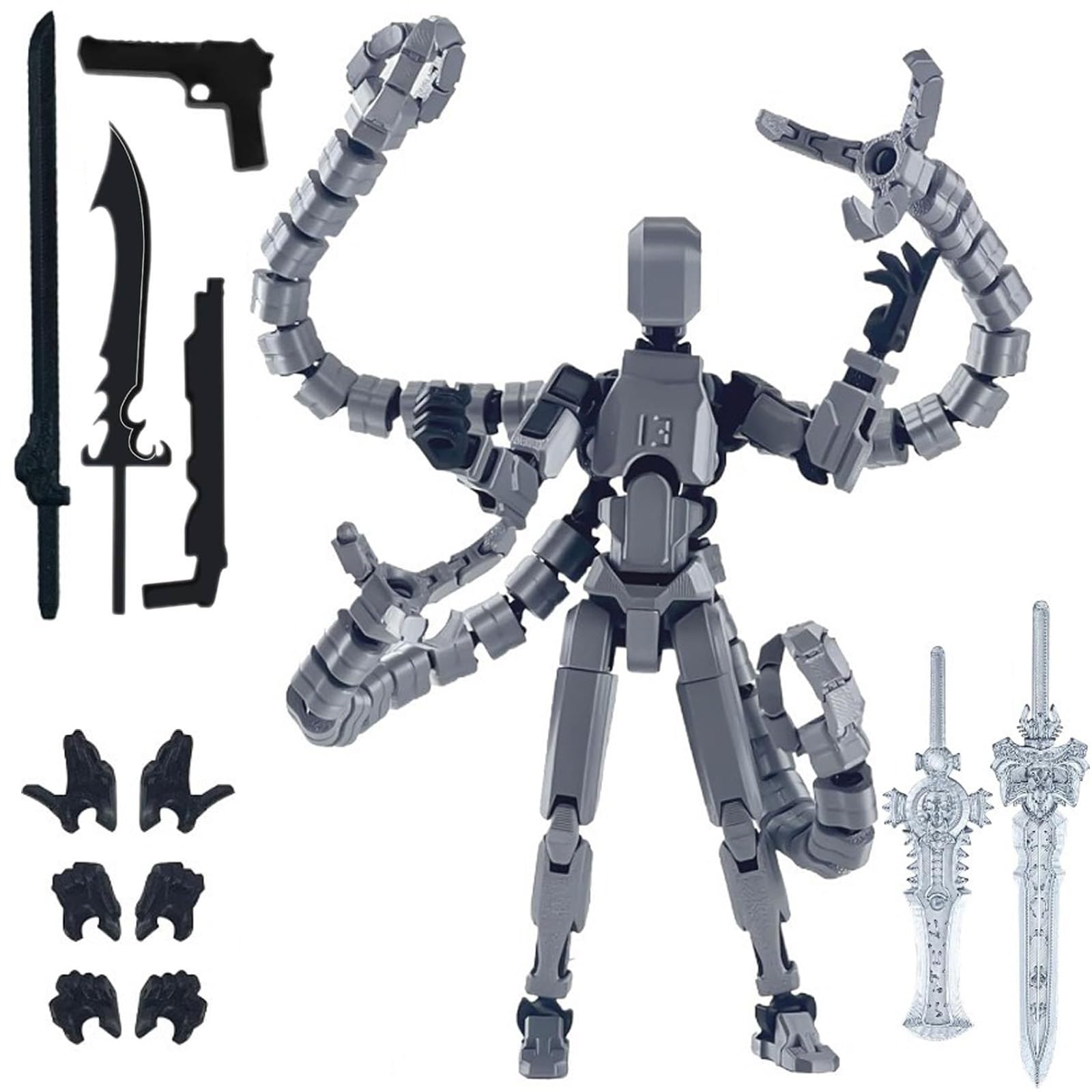 YouthLoxus T13 Action Figure, Assembly Completed Dummy 13 3D Printed Kit, Black Silver Octopus Doctor DIY Movable Joint Model, Articulated Design with Weapons for Stop Motion Figures (1.grey) — image 1