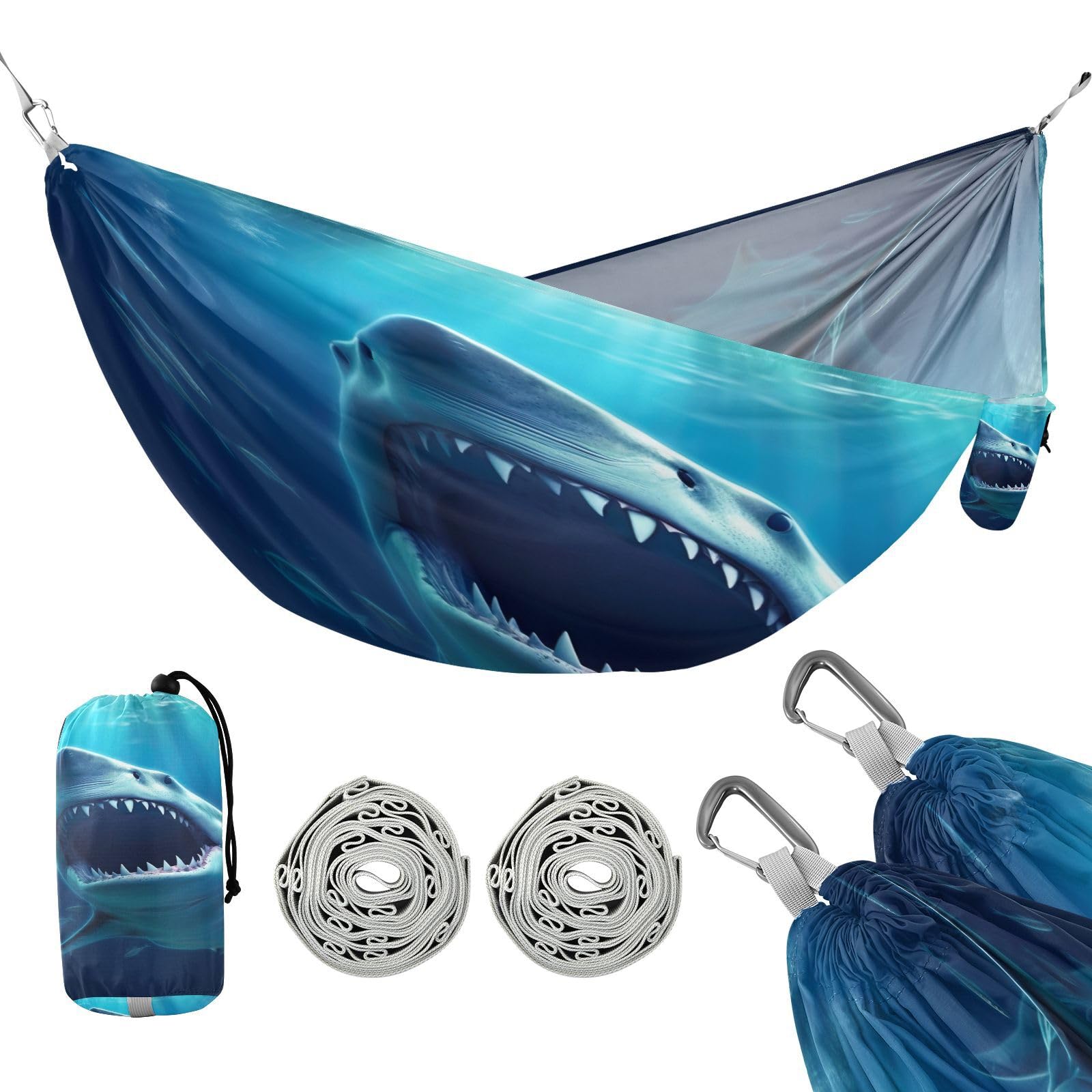 Haskirky Shark Camping Hammock, Single Portable Hammocks with Tree Straps & Attached Carry Bag, 330Lbs Capacity Perfect for Outside Indoor Hiking Beach Backpack Travel