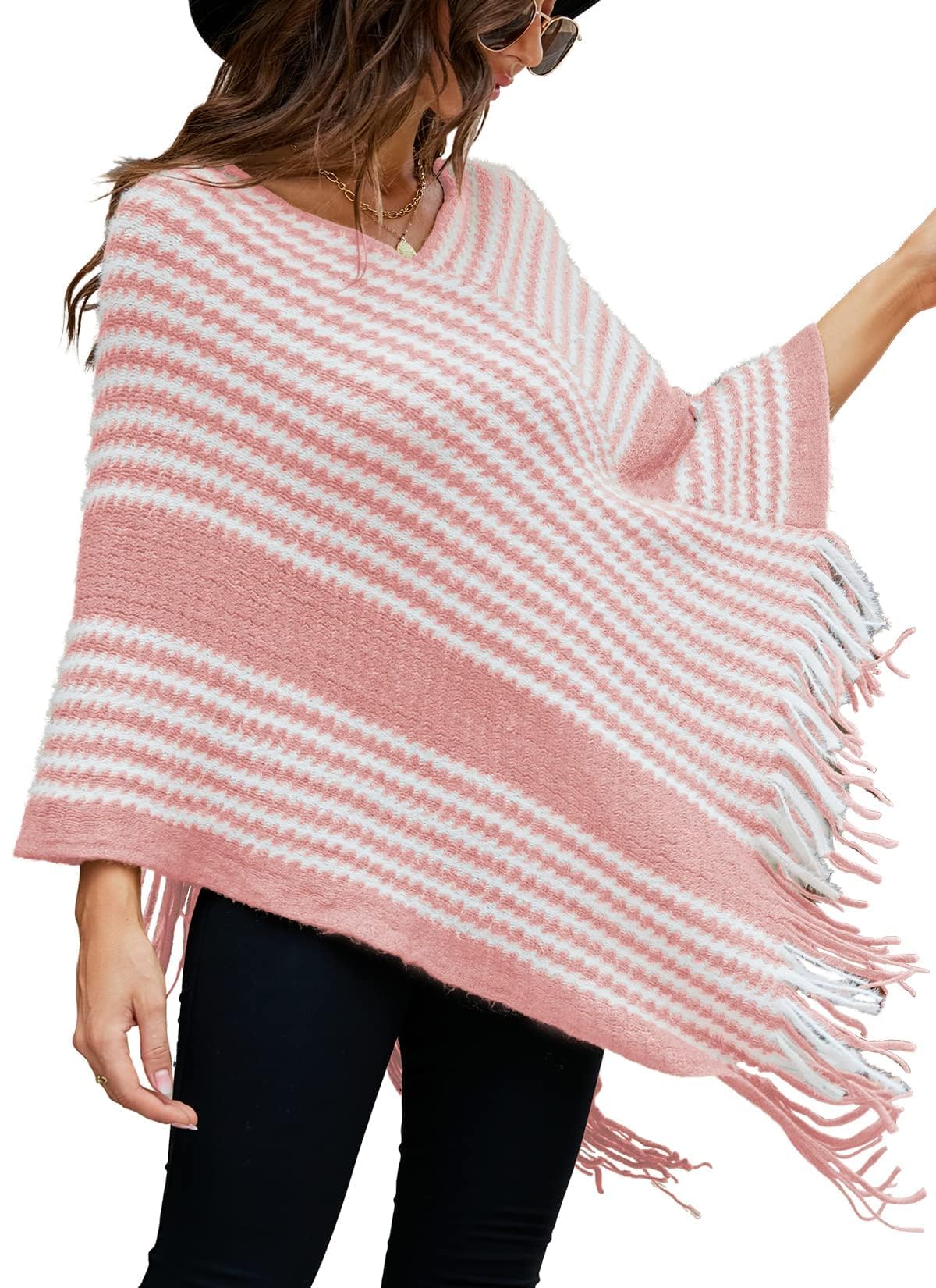 NLAND Gebreide poncho voor dames, zachte elegante cape-jas, winter, warme omslagdoek met kraag van imitatiebont voor herfst en winter, One size