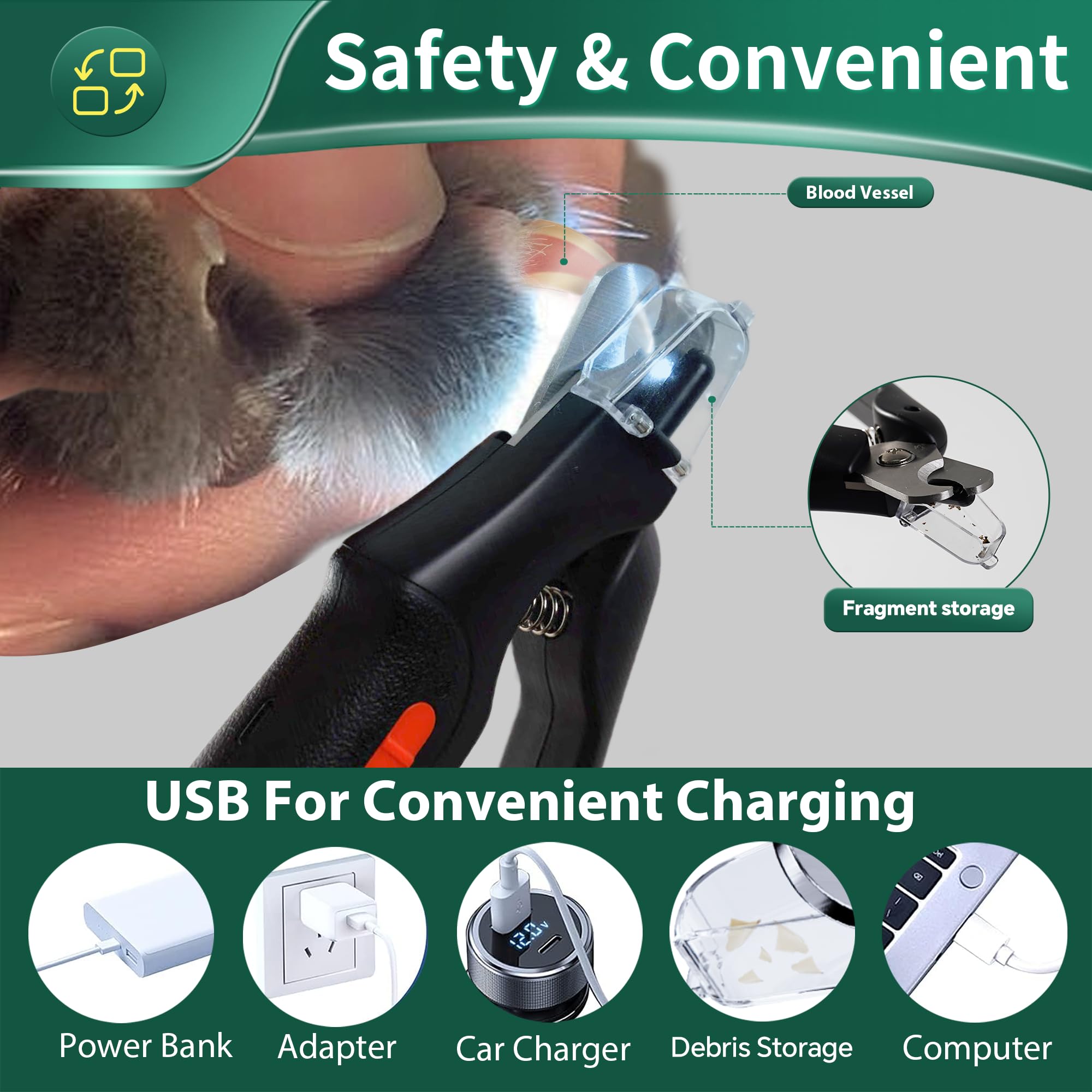 2-in-1 Cat Nail Clippers & Dog Nail Clippers Trimmers for Large Medium Small Dogs Cats Claw Trimmer Quick Sensor and Safety Guard USB Rechargeable with 2 LED Lights Dogs Nail Trimmer - image 3