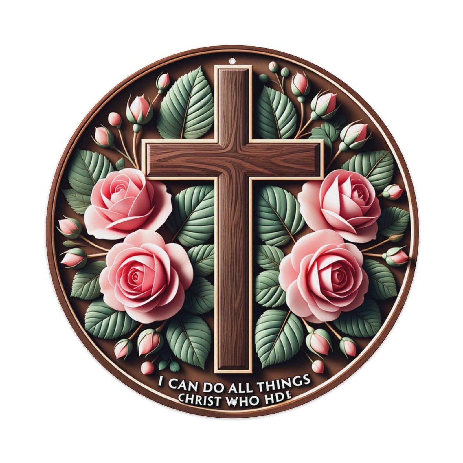 Cross Roses Leaves Buds Text Round Tin Sign Retro Metal Sign for Cafe Bar Pub Home Game Room Gym Club Wall Decoration Vintage Metal Poster 8x8 Inch