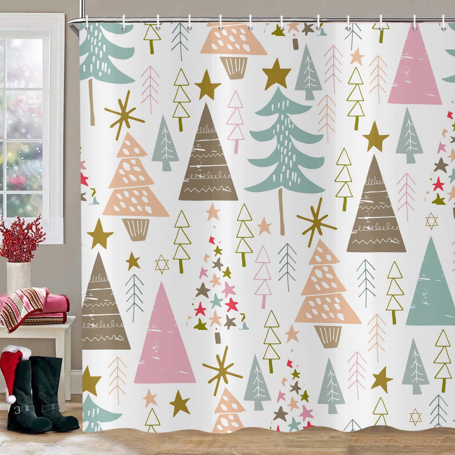 ASDCXZ Christmas Shower Curtain 180 x 180 cm, Cartoon Colorful Christmas Tree Snowflake Xmas Washable Bathroom Shower Curtains Polyester Textile Waterproof Shower Curtain for Bathtub with 12 Hooks