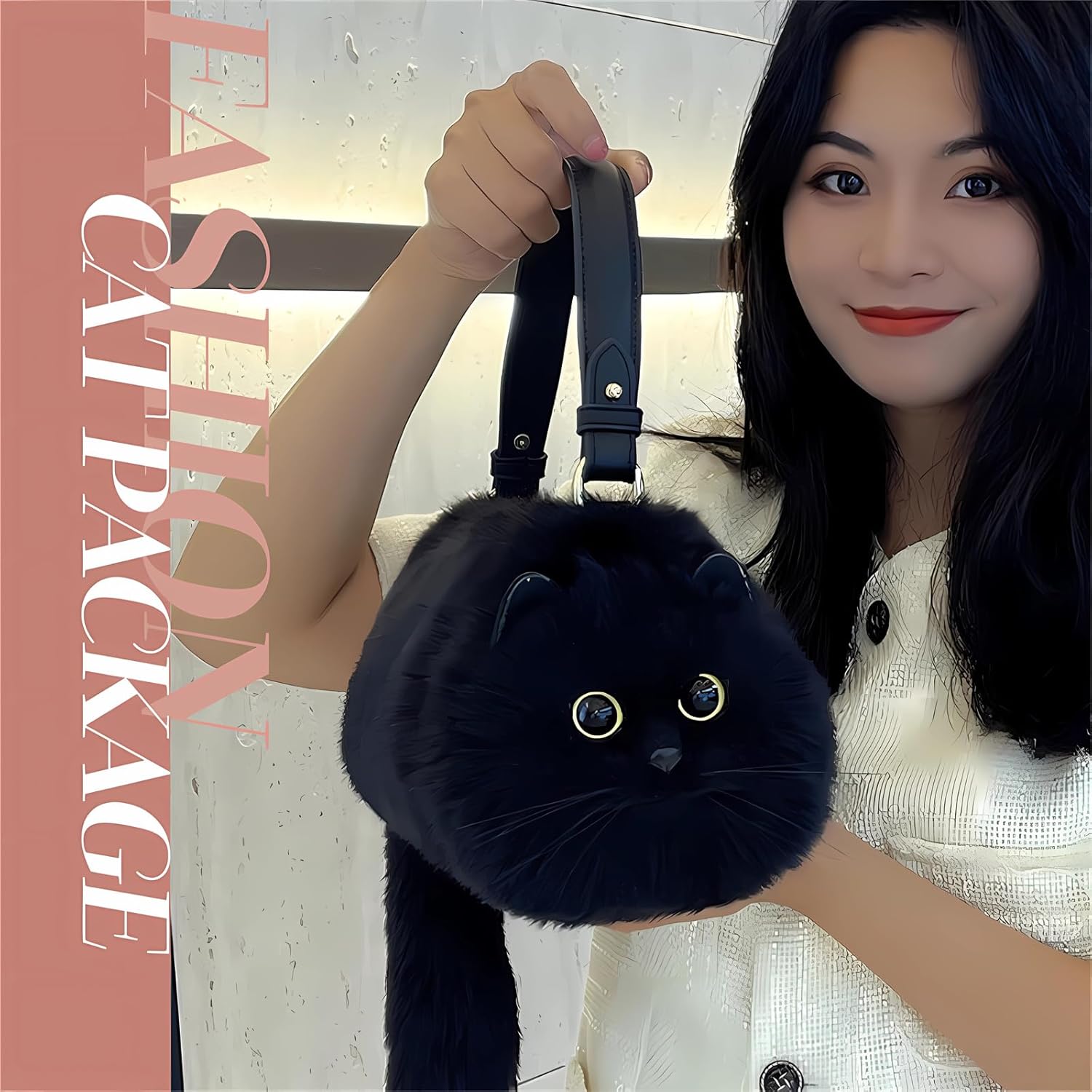 HUIJUFU Realistic Puffy Plush Cat Shaped Crossbody Handbag for Women | Realistic, Puffy, Plush - Image 3