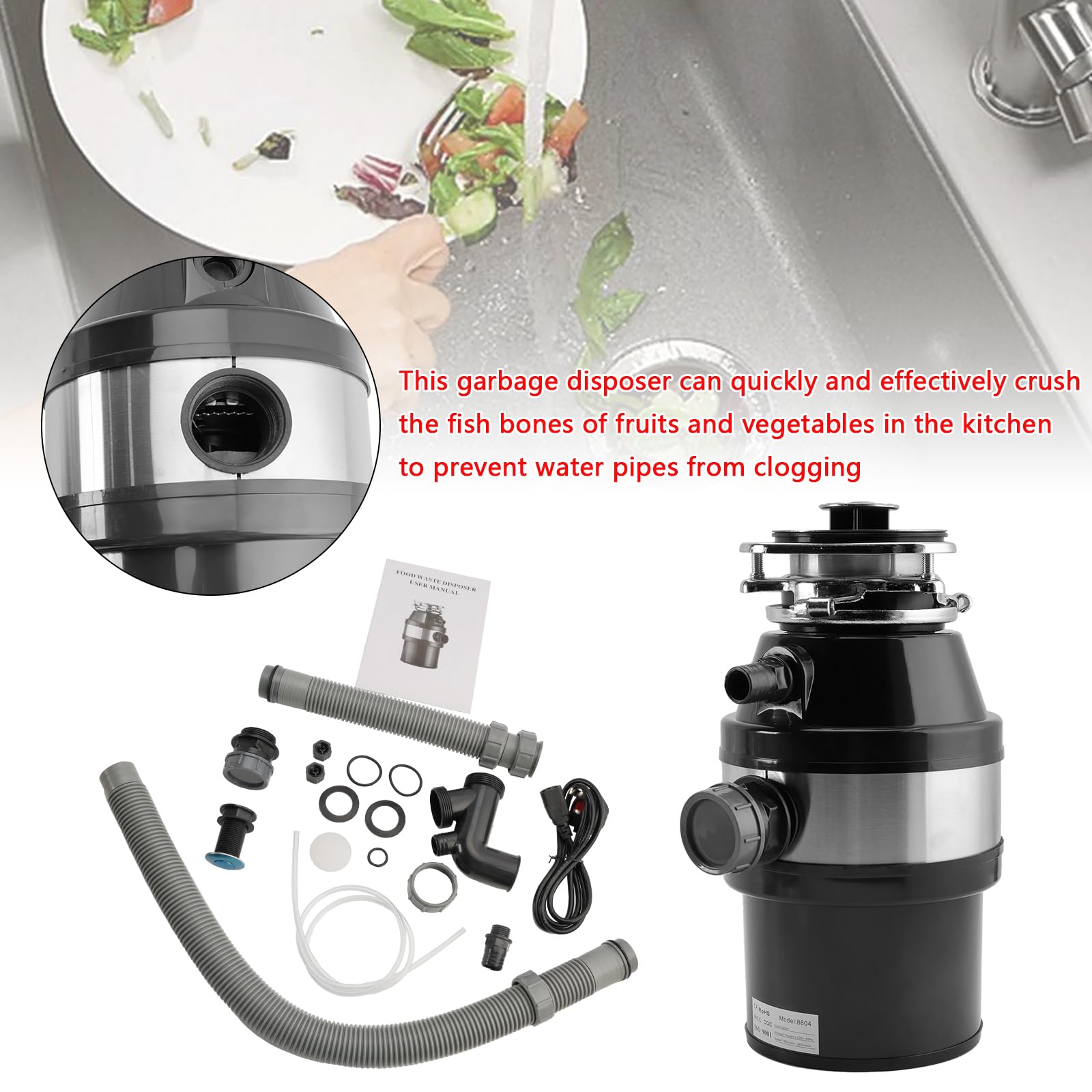 Triturador de Basura de 3/4 HP, 2800 RPM, para Cocina bajo Fregadero, con Enchufe e Interruptor inalámbrico, de Acero Inoxidable, de Alta Velocidad para una trituración eficiente de residuos.
