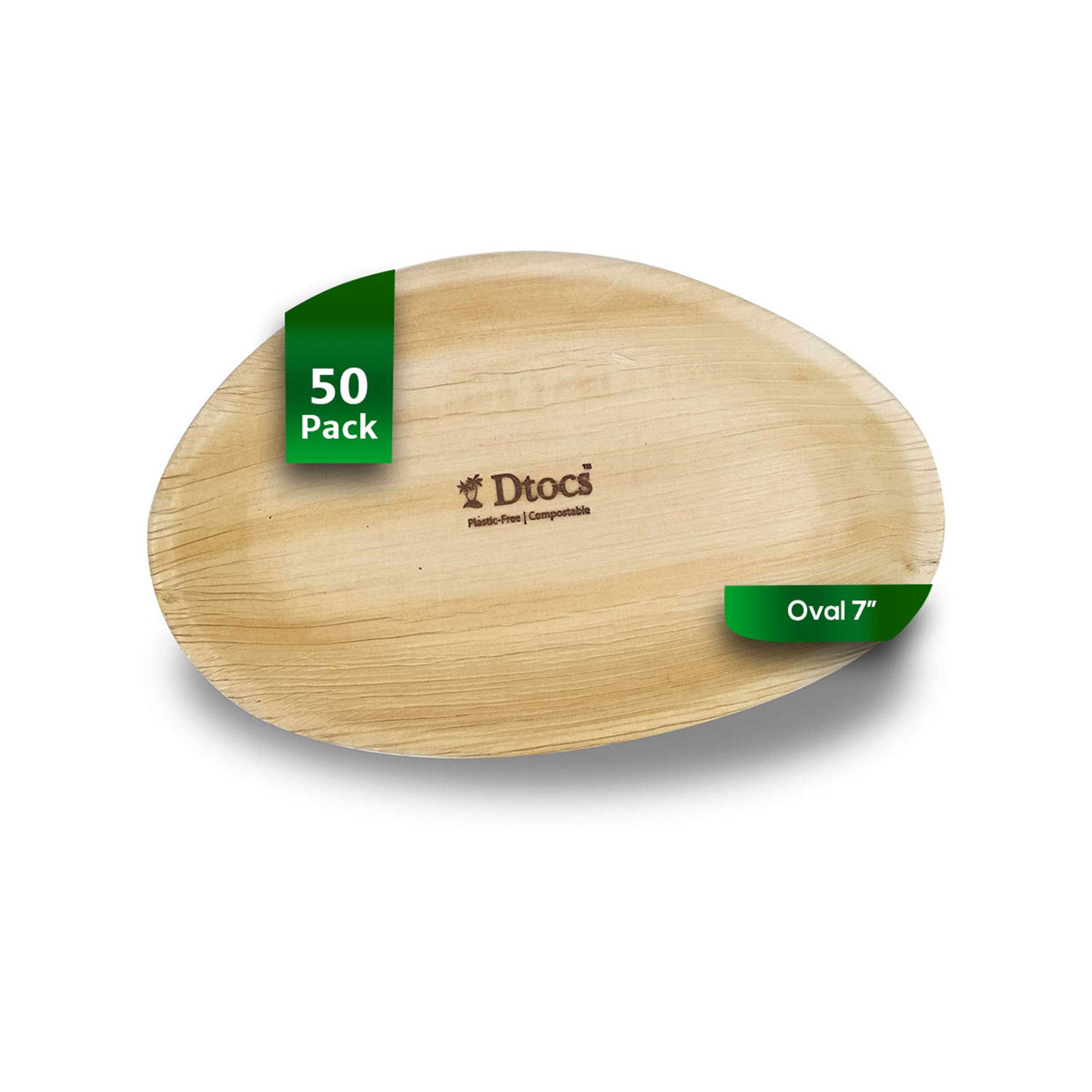 DtocsPalm Leaf Plate Set (50 Pcs) Oval Plates 7x5 Inch | Disposable Bamboo Plate Like Compostable Decorative Dinnerware Set Sturdy Than Paper Plates | Designer Plates for Serving Dessert, Cake, Salad