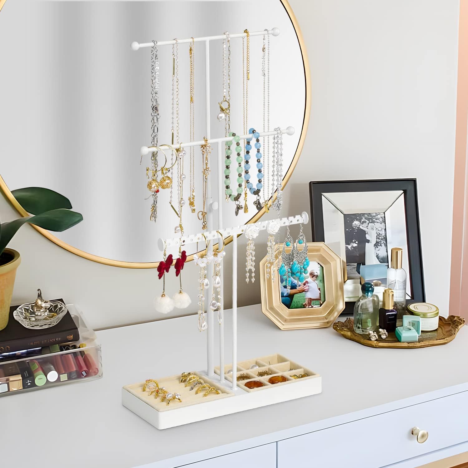 Necklace Holder Jewelry Organizer Stand, 3 Tier Jewelry Towers Tree With Velvet Earrings Rings Tray, Adjustable Height Necklace Rack Display With 38 Earring Holes For Bracelets Watches Bangles, White : Clothing, Shoes & Jewelry