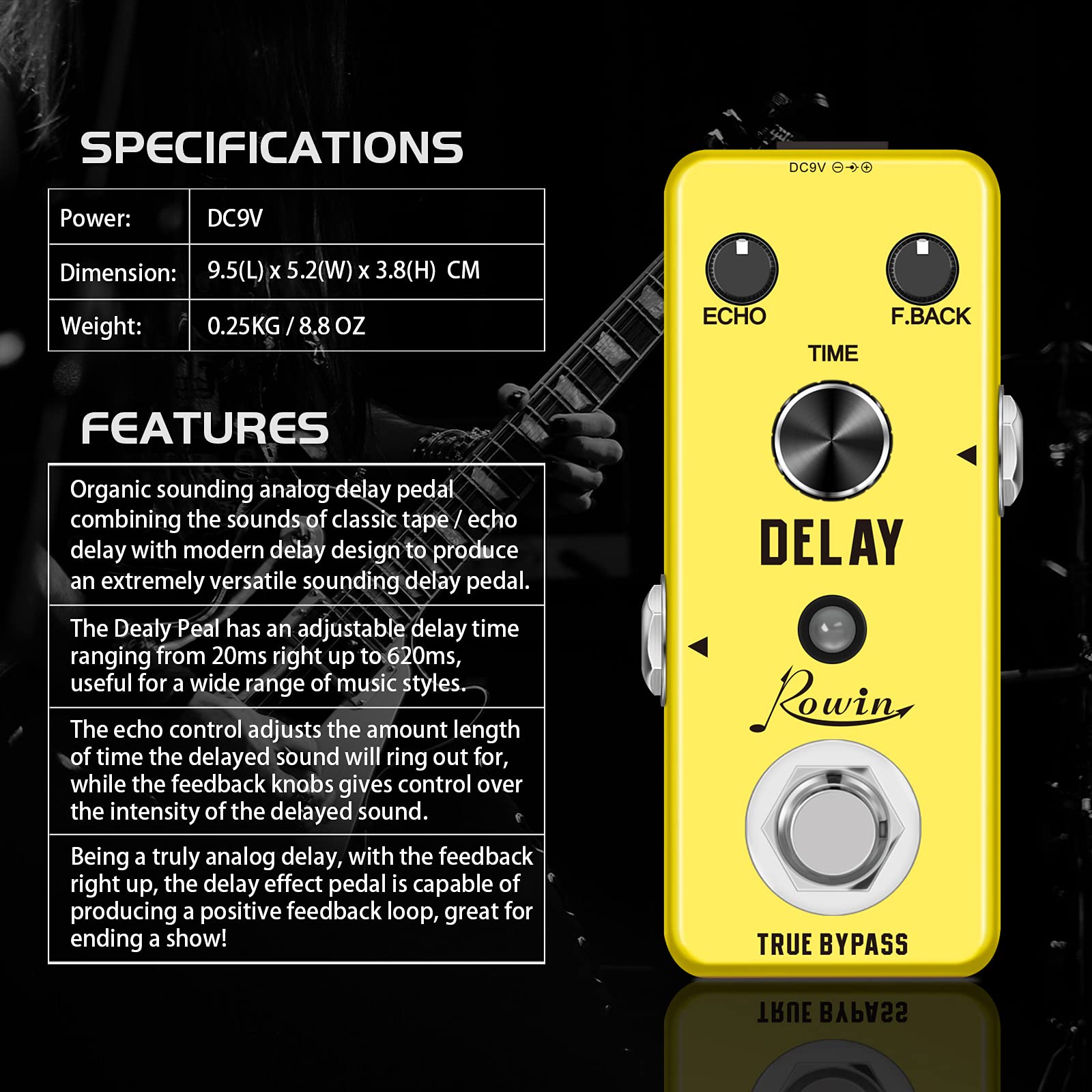 Rowin Guitar Delay Pedal Analog Classicl Delay Effect with True Bypass Switching, Fully Analog Circuit Universal for Guitar