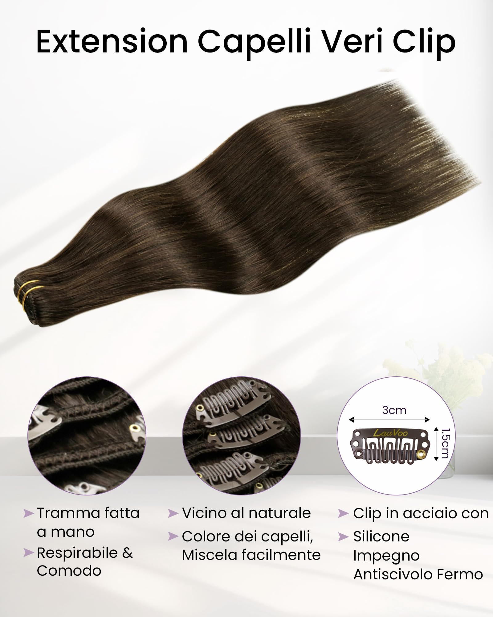 LaaVoo Extension Capelli Veri Clip, Marrone Cioccolato 80g, Remy Umani Naturali, Leggeri e Invisibili, per Uso Quotidiano, 30cm 5pcs Colore 4